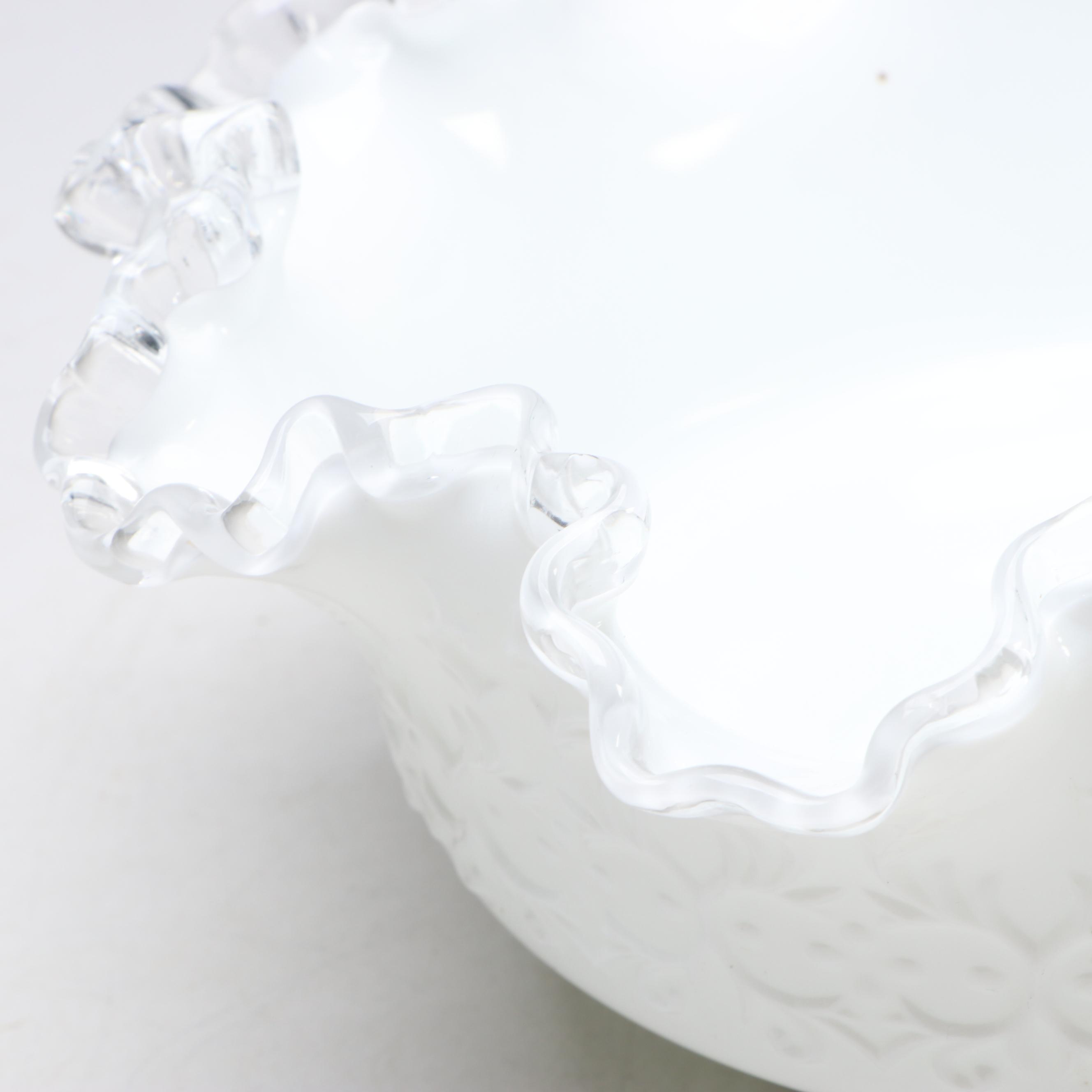 Fenton "Berries on Wild Rose" Vase with "Asian Garden" Pitcher and Ruffled Bowl