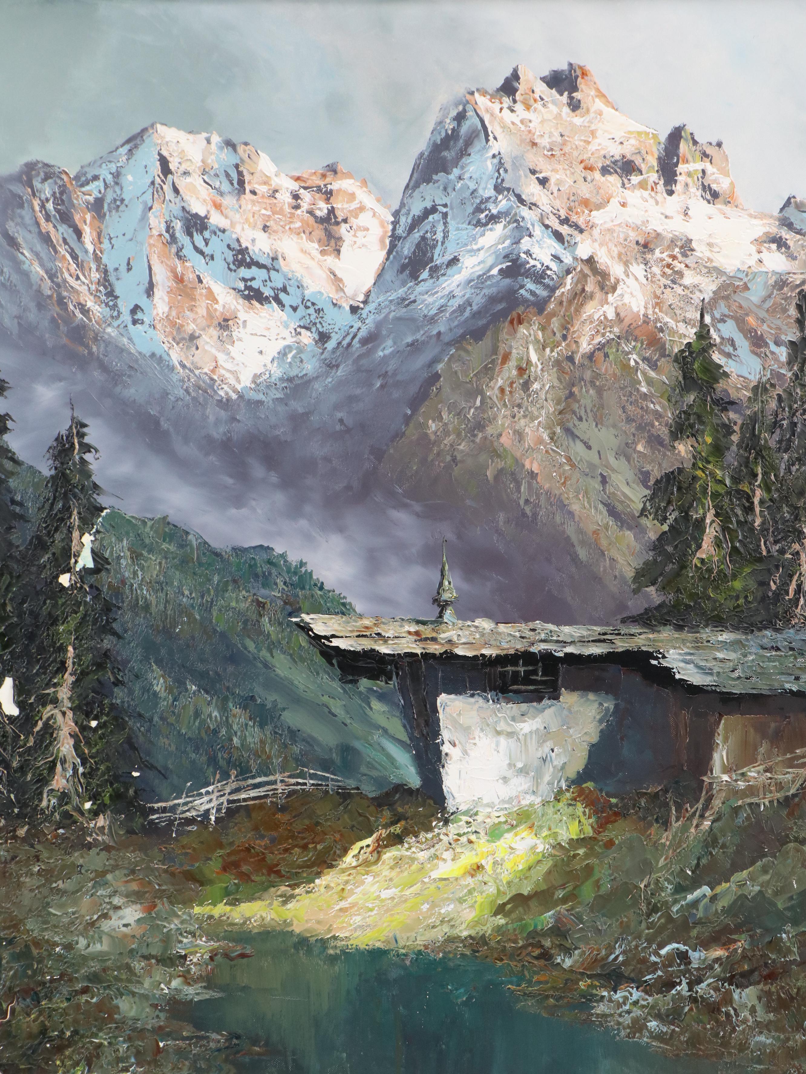 Alpine Chalet Landscape Oil Painting