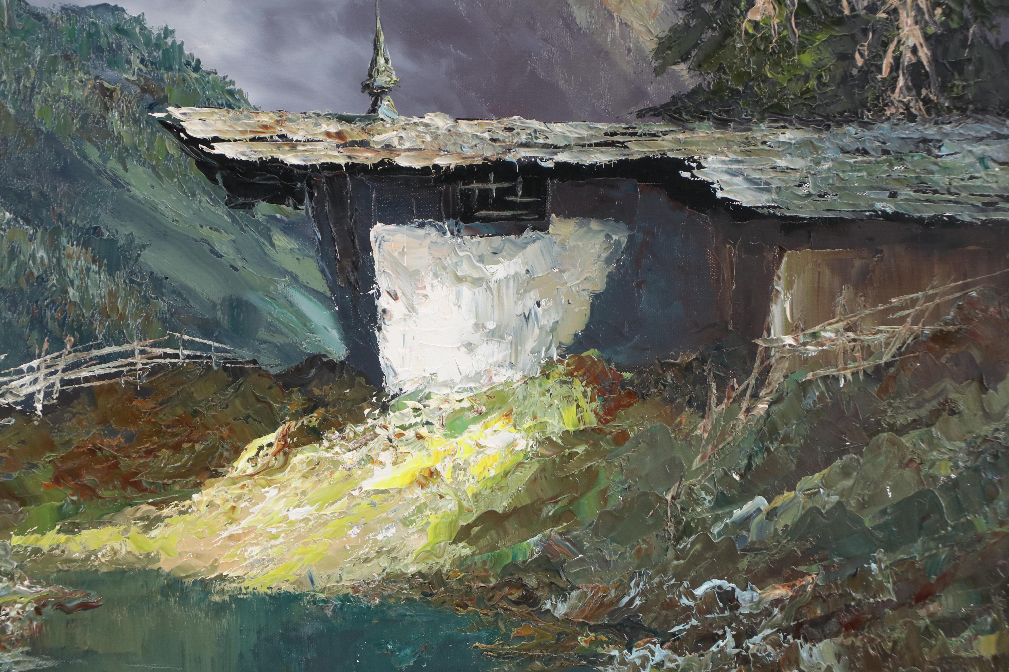 Alpine Chalet Landscape Oil Painting