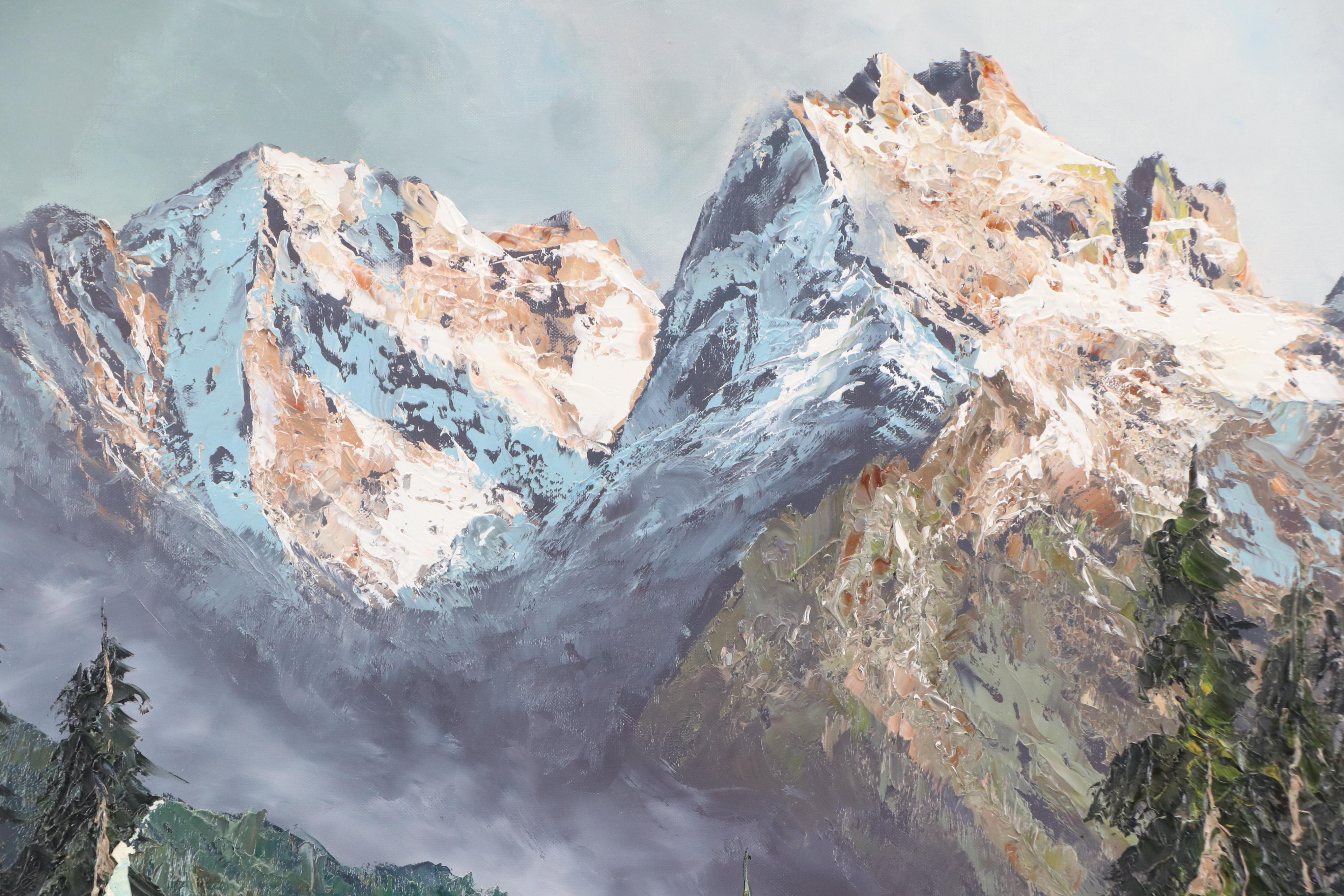 Alpine Chalet Landscape Oil Painting