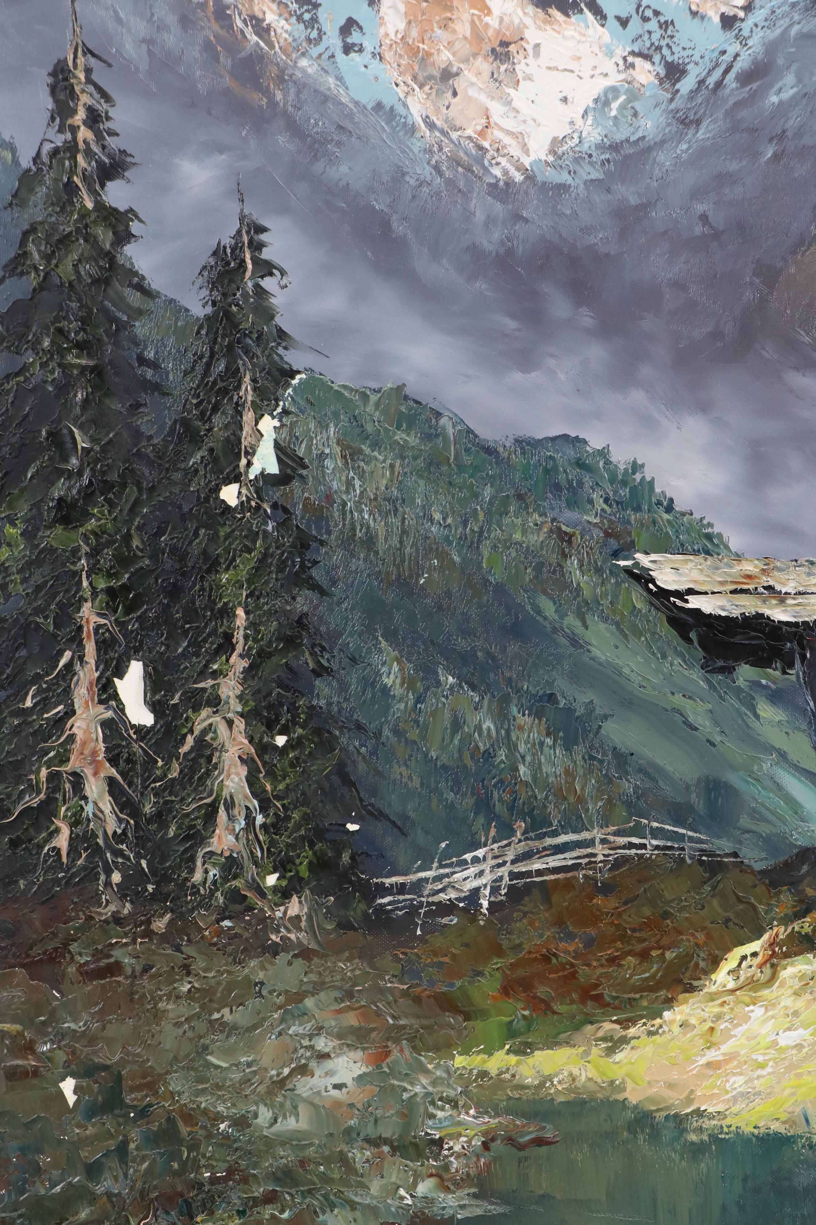 Alpine Chalet Landscape Oil Painting