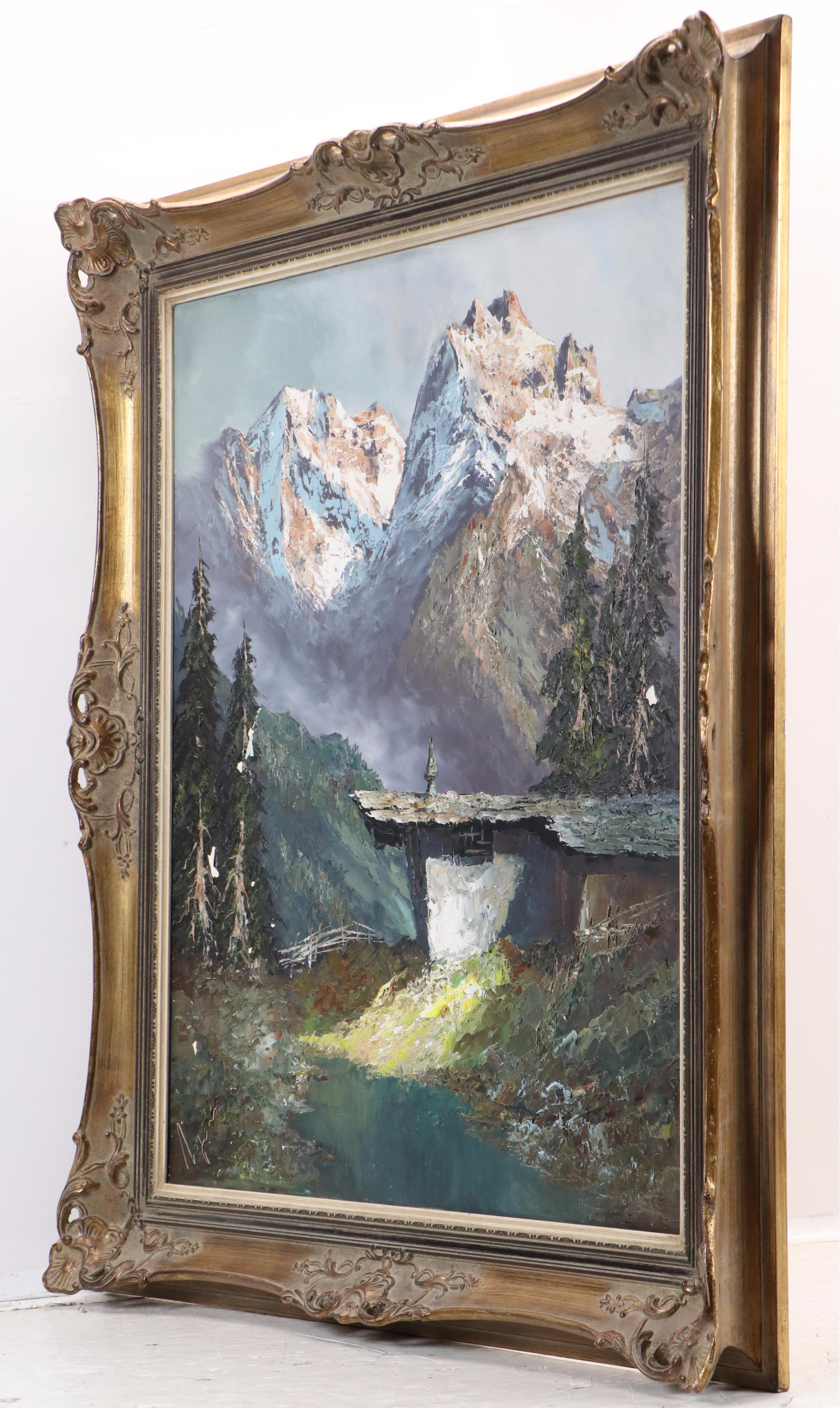 Alpine Chalet Landscape Oil Painting