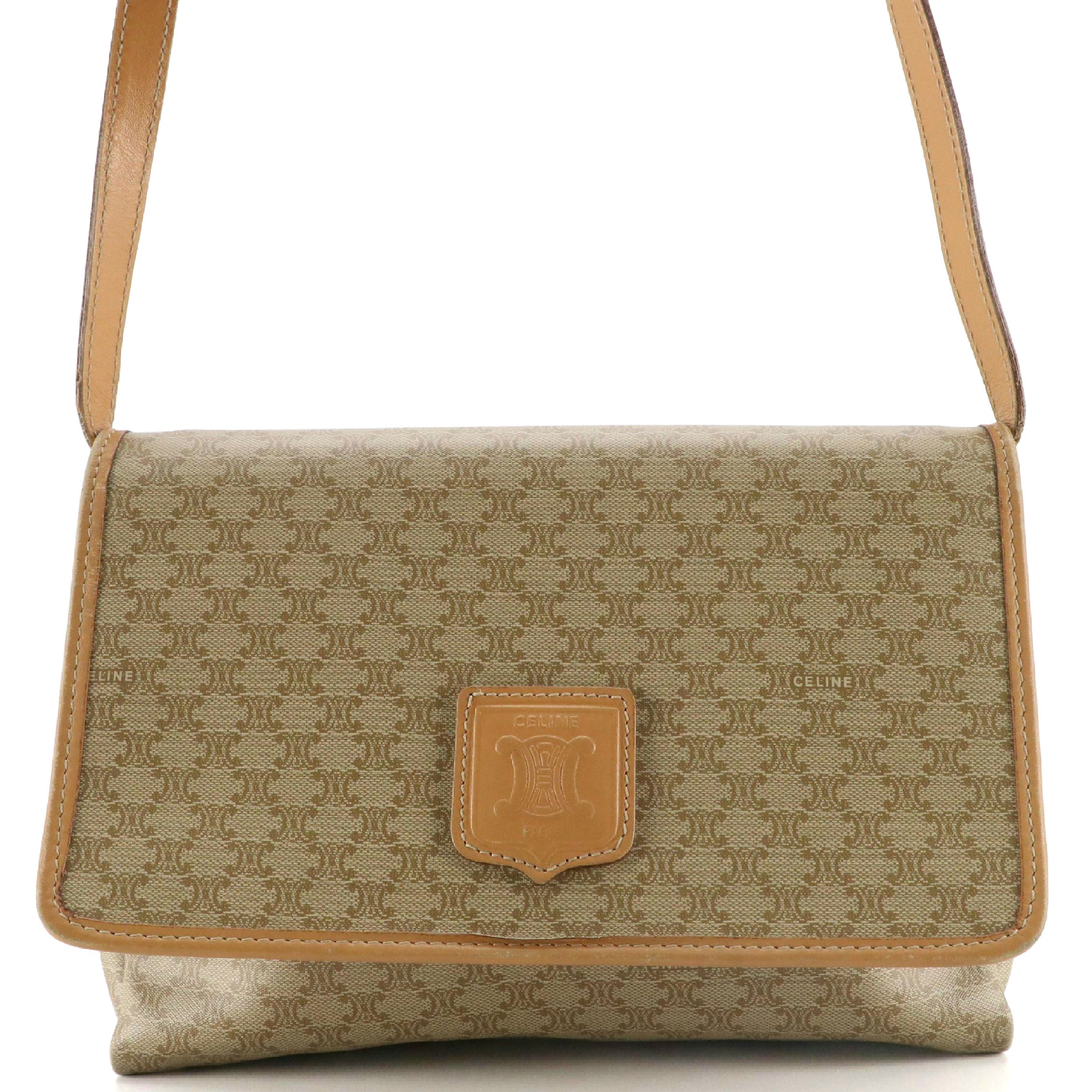 Celine Full Flap Crossbody Bag in Beige Macadam Canvas and Leather