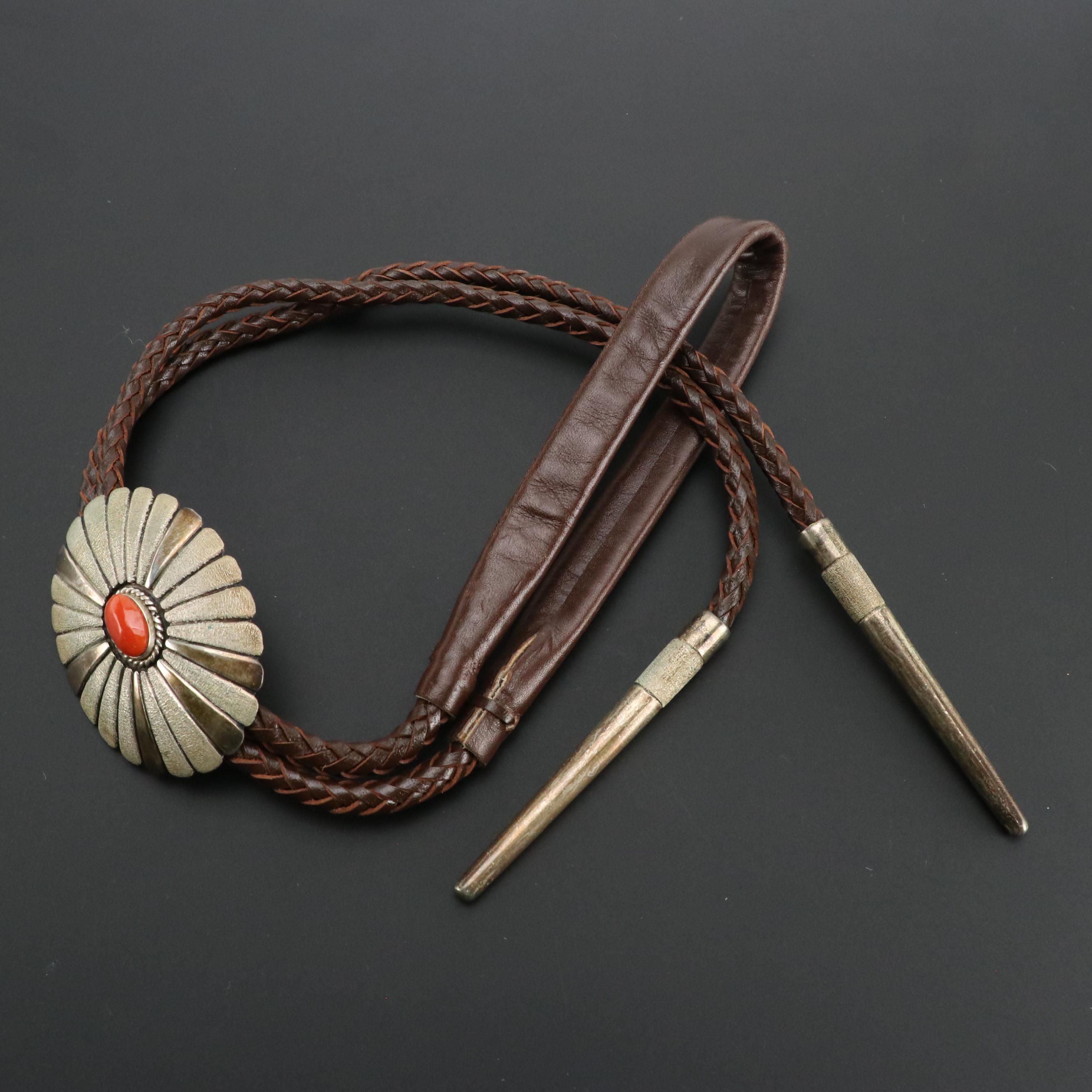 Leroy Begay, Navajo Diné Sterling Coral and Leather Bolo Tie