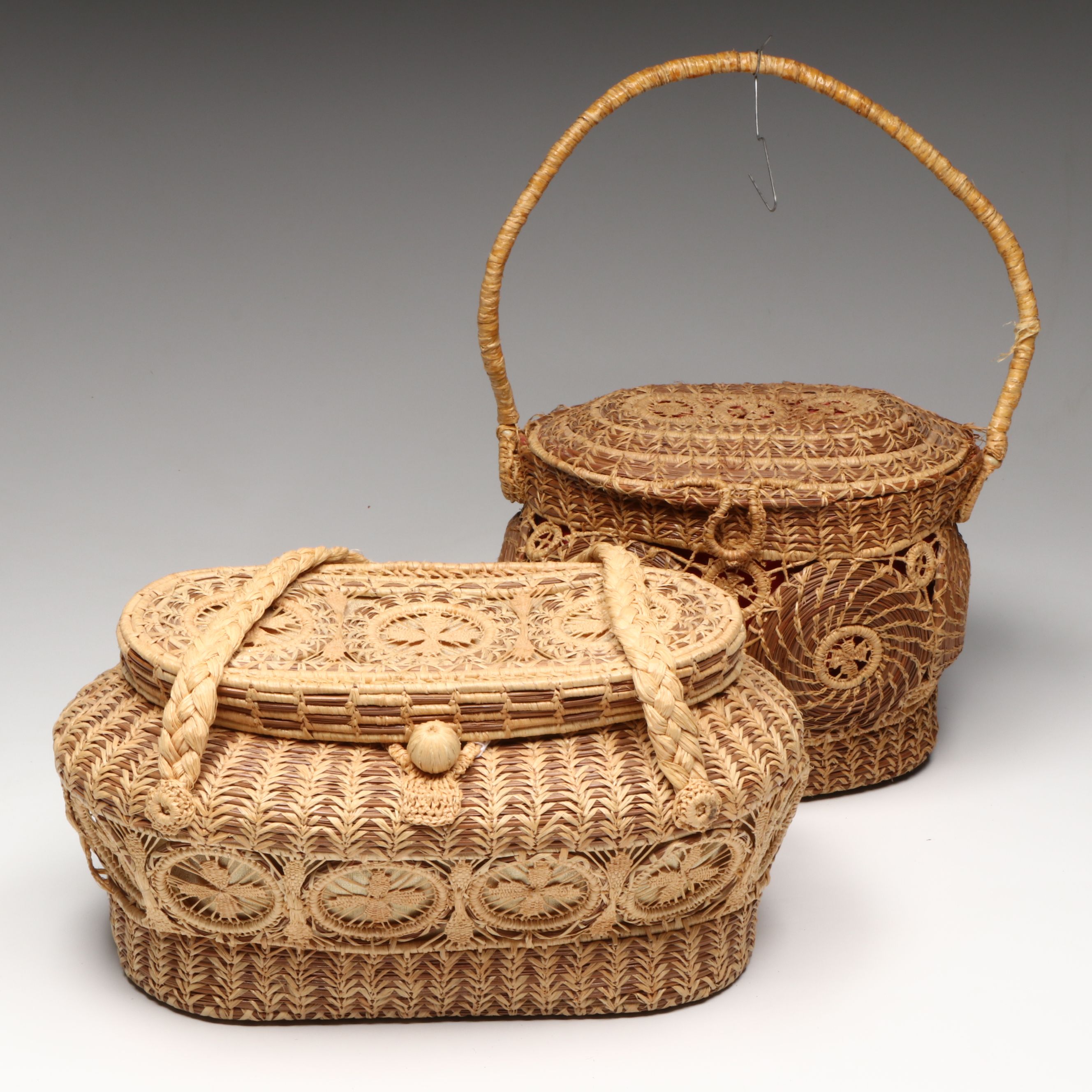 Seminole Pine Needle and Raffia Handled Baskets, Mid-20th Century