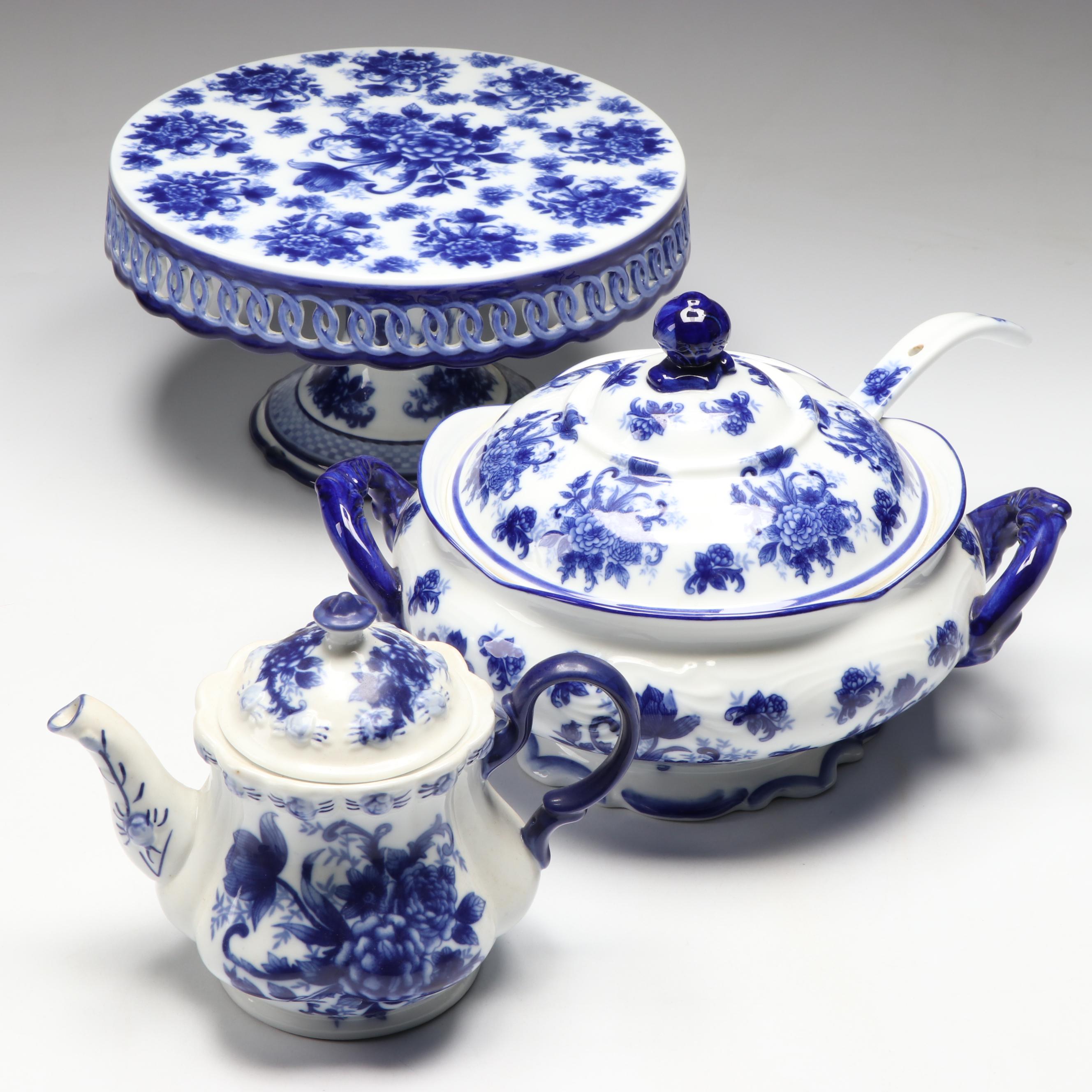 Floral Blue and White Porcelain Cake Stand, Tureen, Ladle, and Teapot