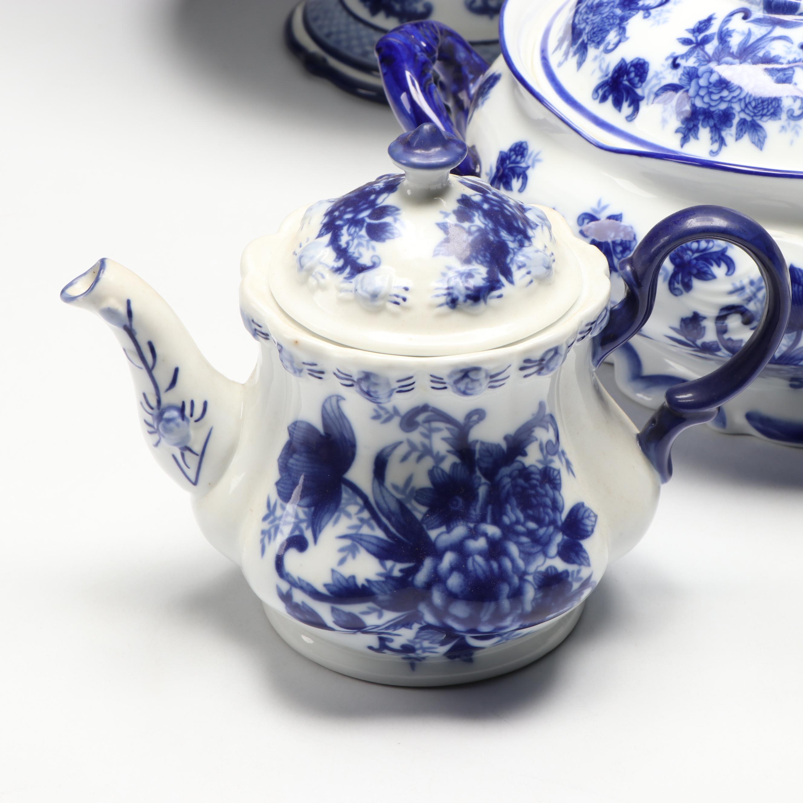 Floral Blue and White Porcelain Cake Stand, Tureen, Ladle, and Teapot