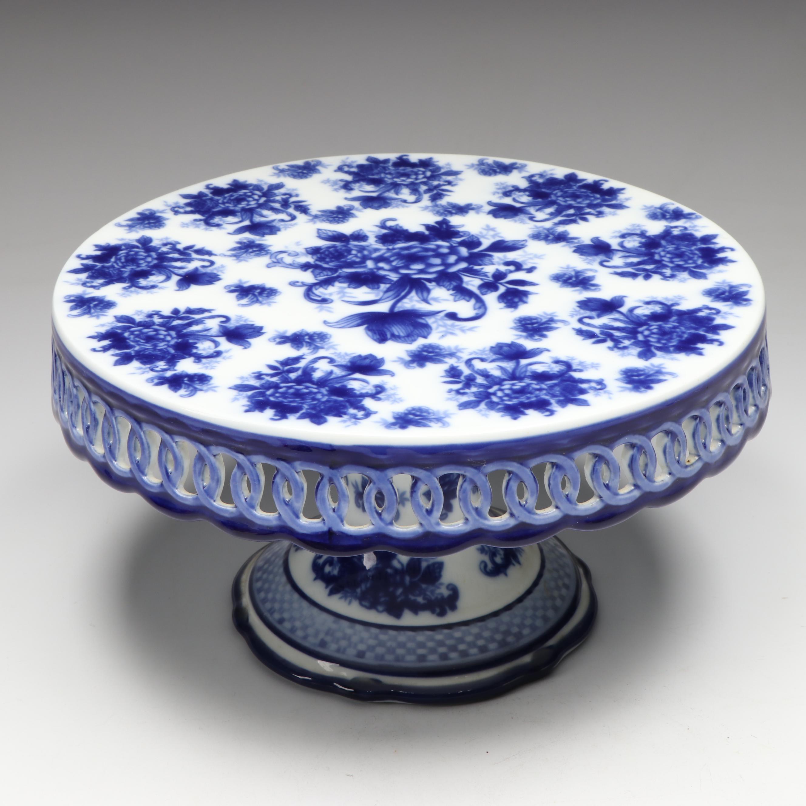 Floral Blue and White Porcelain Cake Stand, Tureen, Ladle, and Teapot