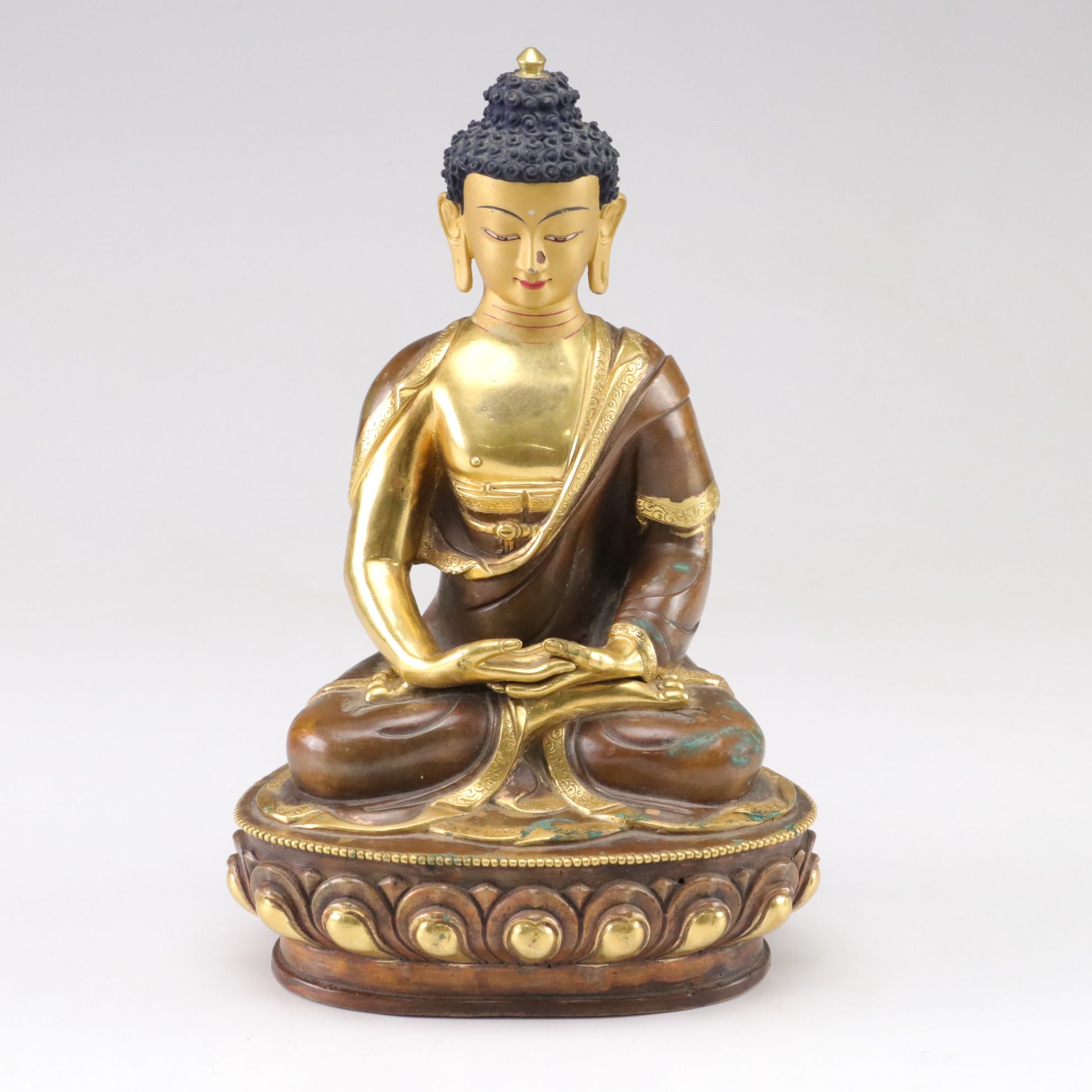 Nepalese Gilt Copper Shakyamuni Buddha Statue with Painted Head, 20th C.