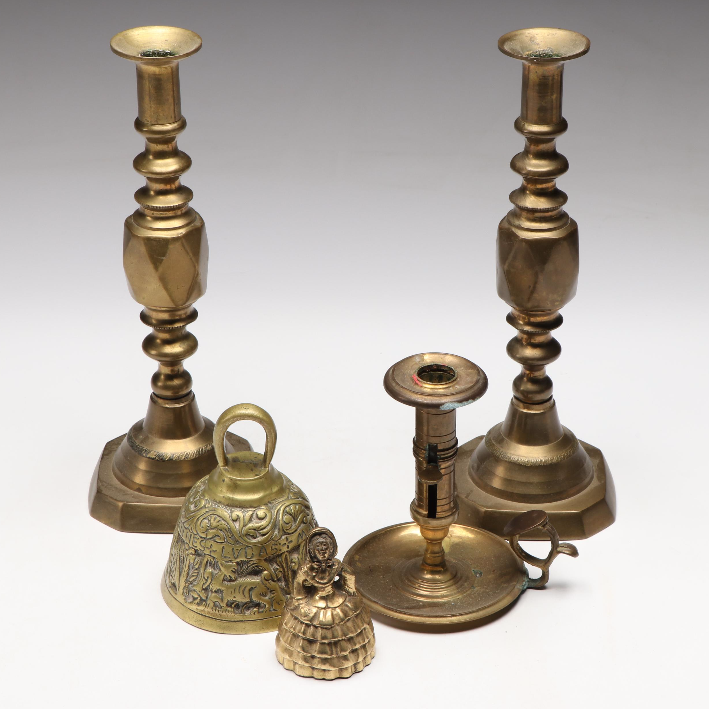 Vintage Brass Candlesticks and Bells