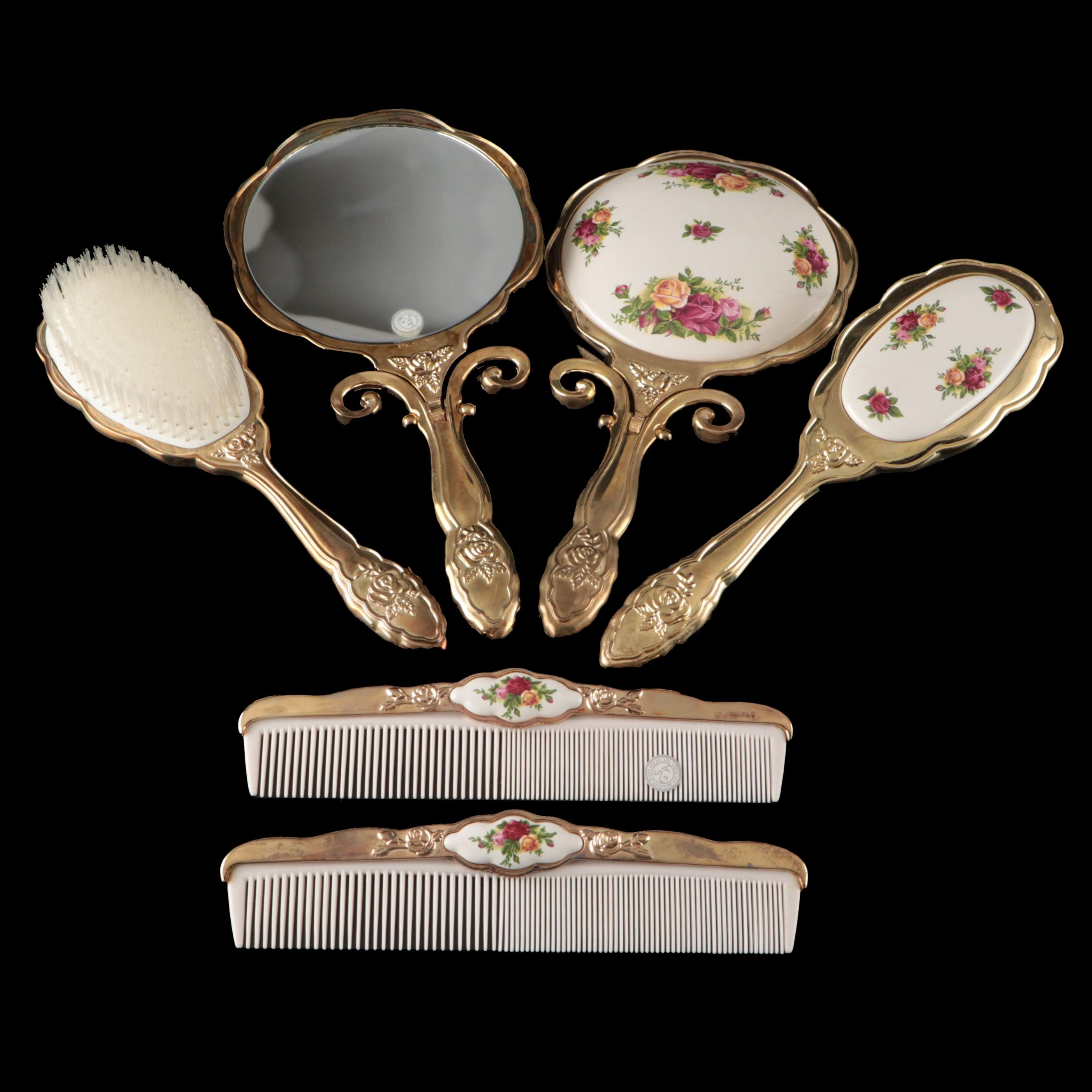 Royal Doulton Porcelain and Gilt Metal Swivel Mirror, Comb and Hairbrush Sets