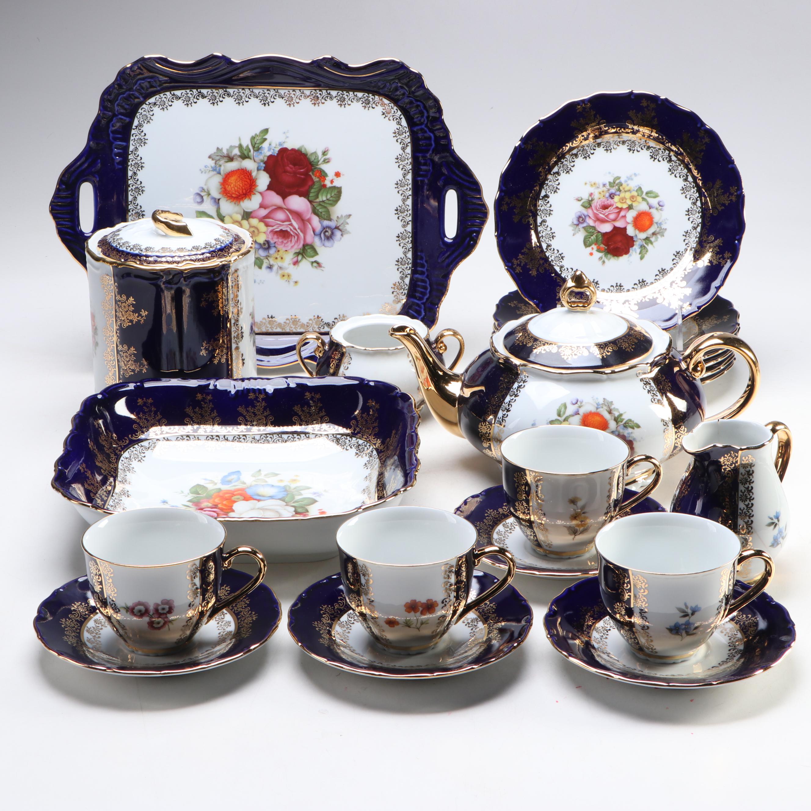 Haas & Czjzek Cobalt Blue Gold Gilt Floral Porcelain Dinnerware