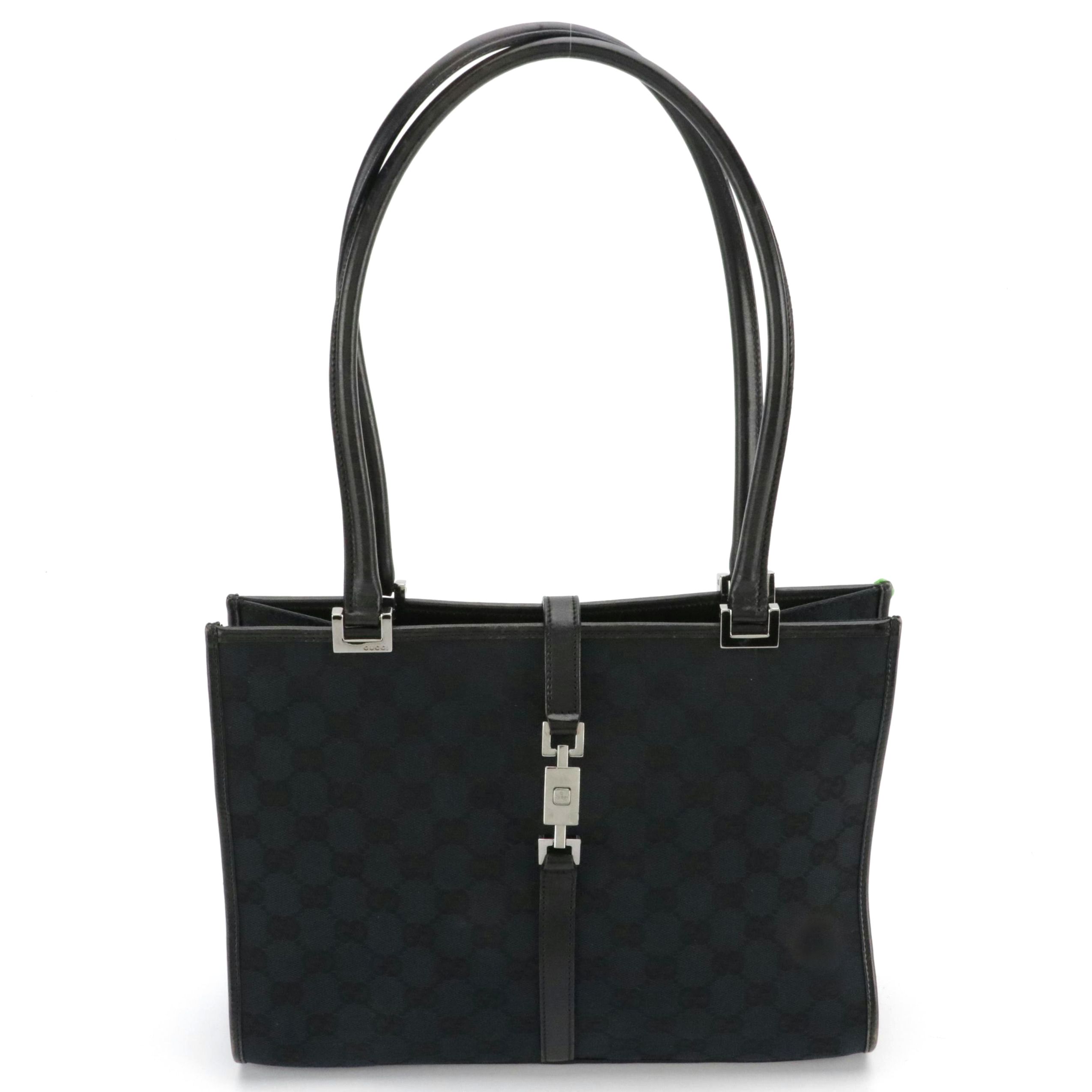Gucci Jackie Square Tote in Black GG Canvas and Leather