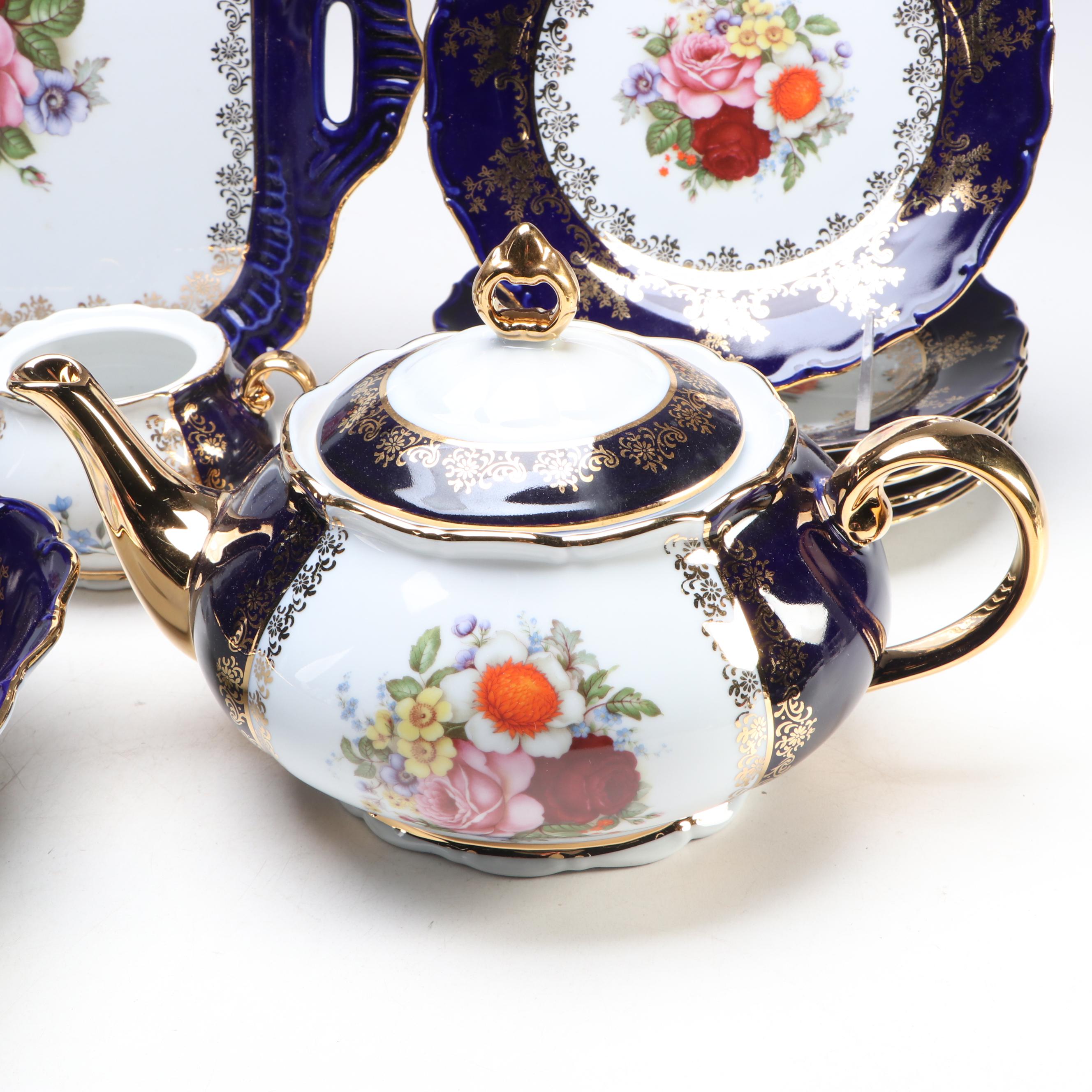 Haas & Czjzek Cobalt Blue Gold Gilt Floral Porcelain Dinnerware