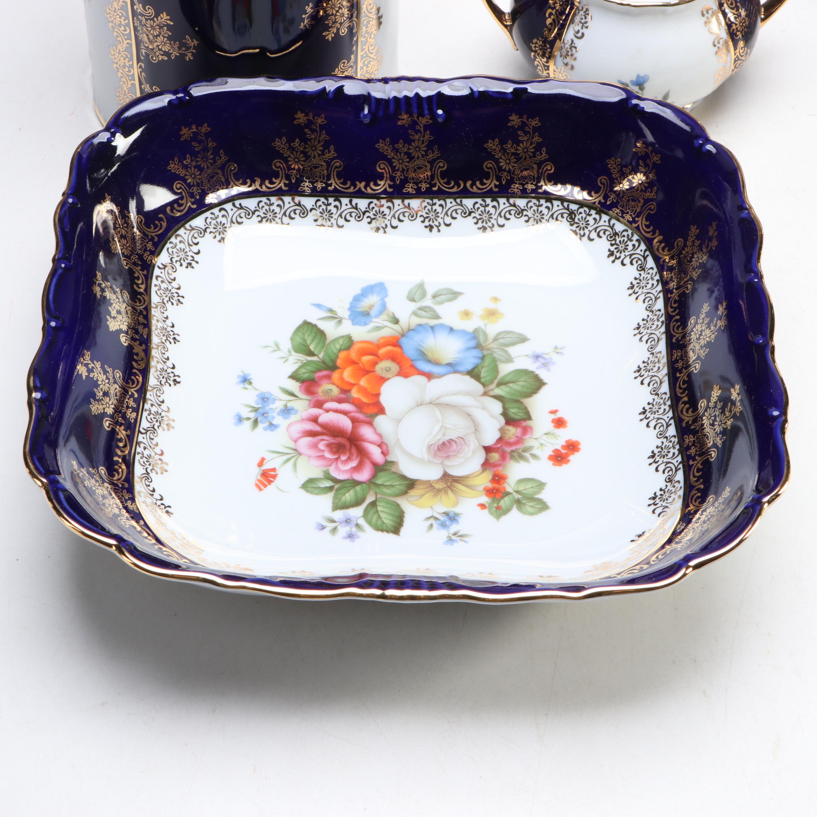 Haas & Czjzek Cobalt Blue Gold Gilt Floral Porcelain Dinnerware