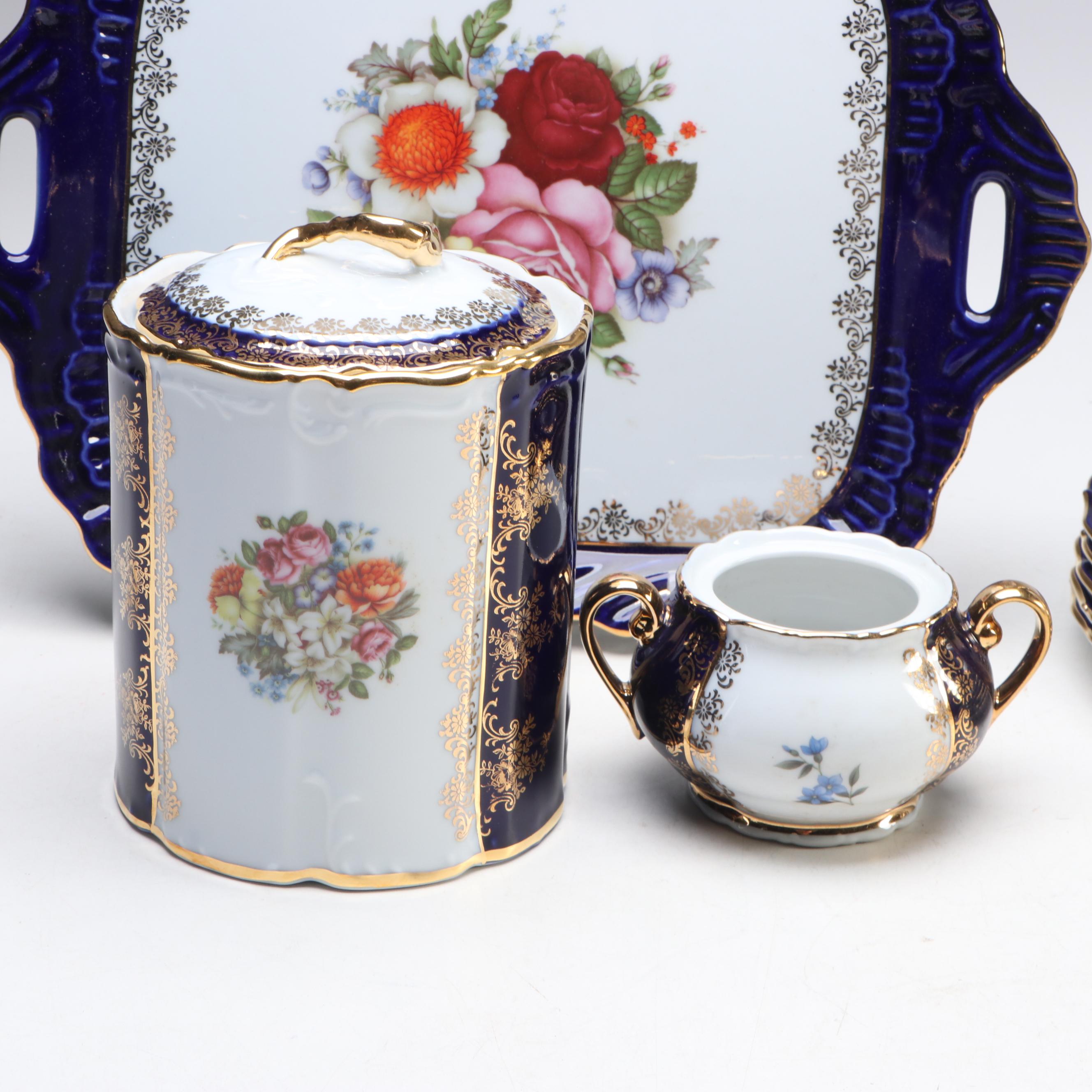 Haas & Czjzek Cobalt Blue Gold Gilt Floral Porcelain Dinnerware