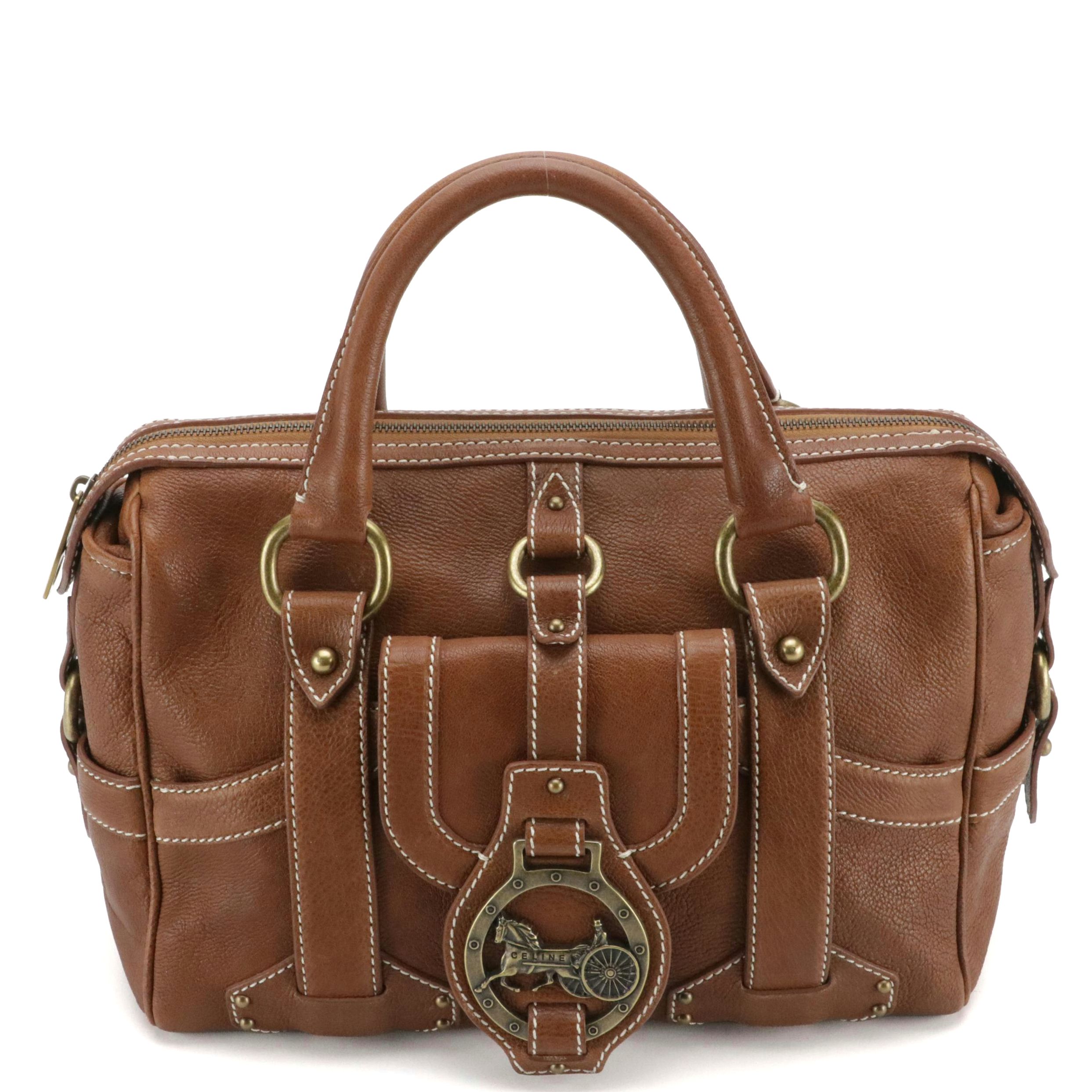 Celine Horse Carriage Buckle-Flap Satchel in Mocha Brown Grained Leather