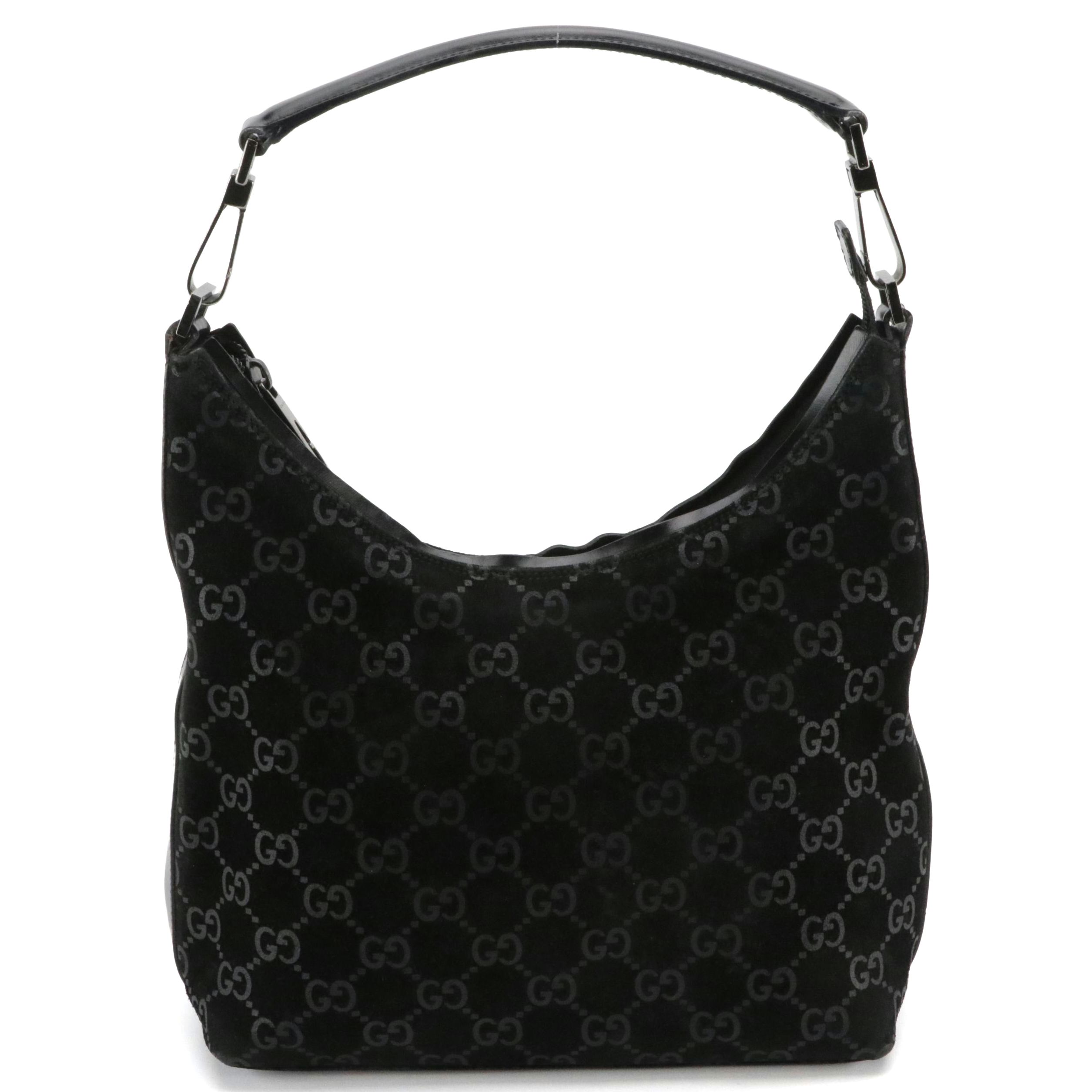 Gucci Zippered Hobo Shoulder Bag in Black GG Suede and Calfskin Leather Trim