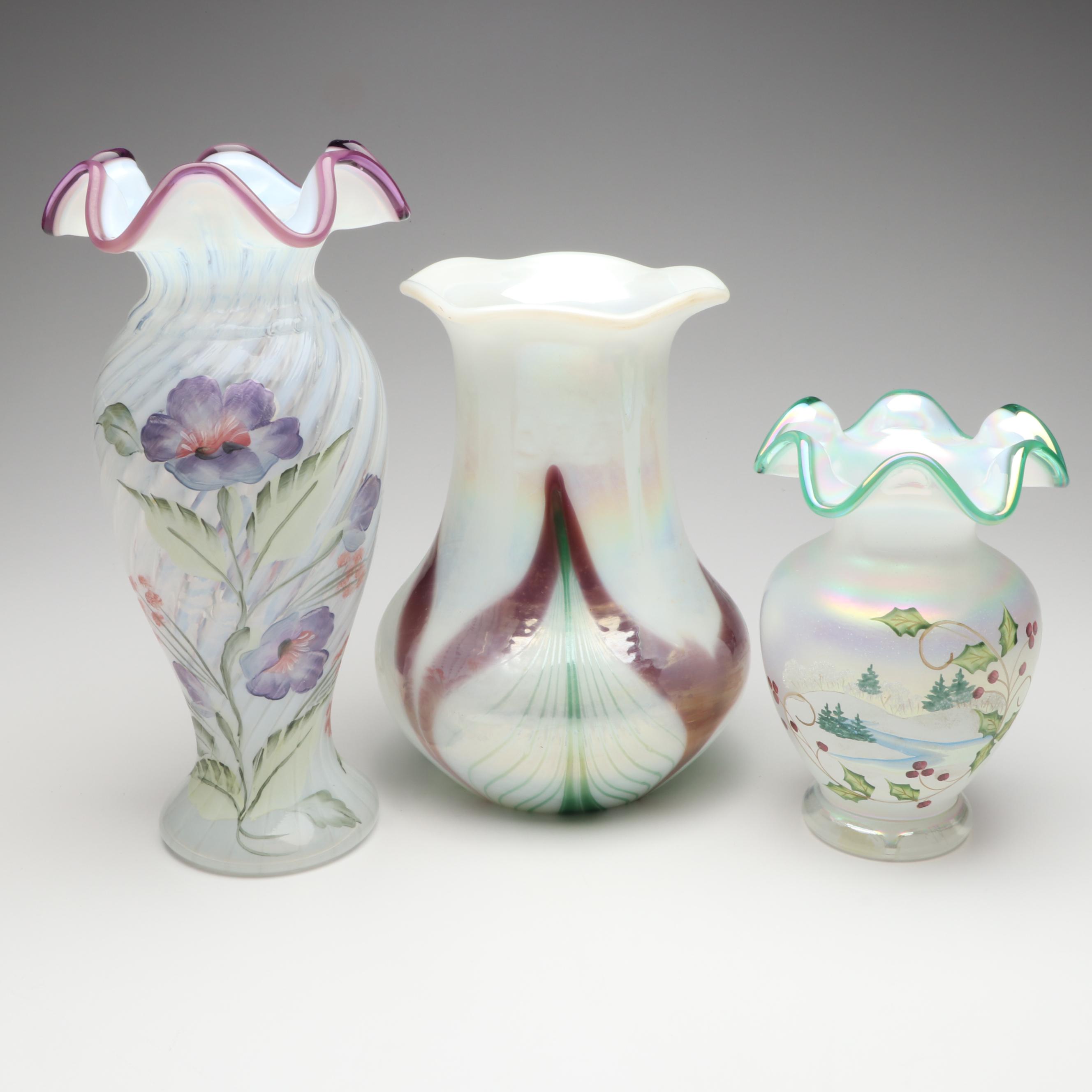 Fenton Hand-Painted and Pulled Feather Iridescent Ruffle Edge Vases