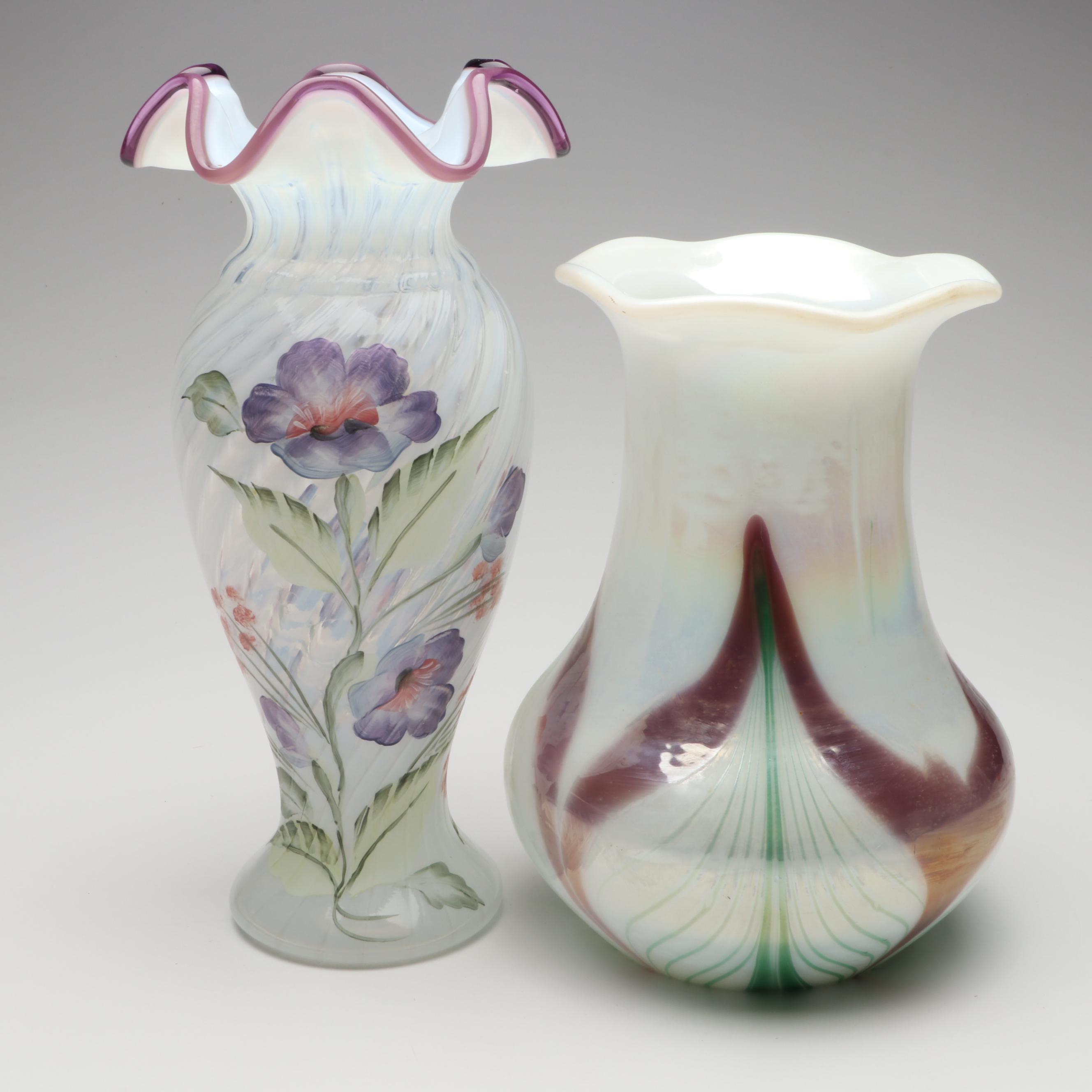 Fenton Hand-Painted and Pulled Feather Iridescent Ruffle Edge Vases