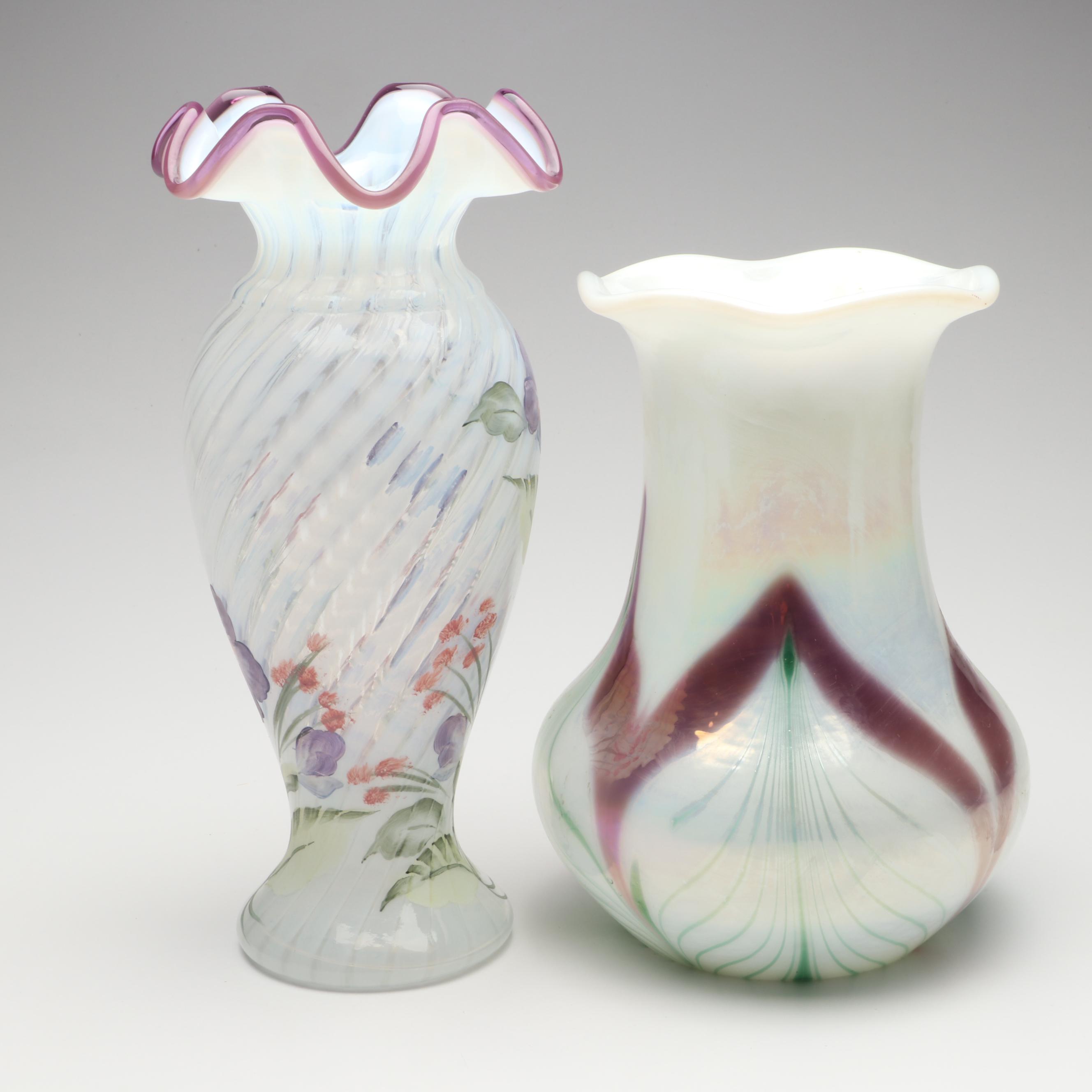 Fenton Hand-Painted and Pulled Feather Iridescent Ruffle Edge Vases