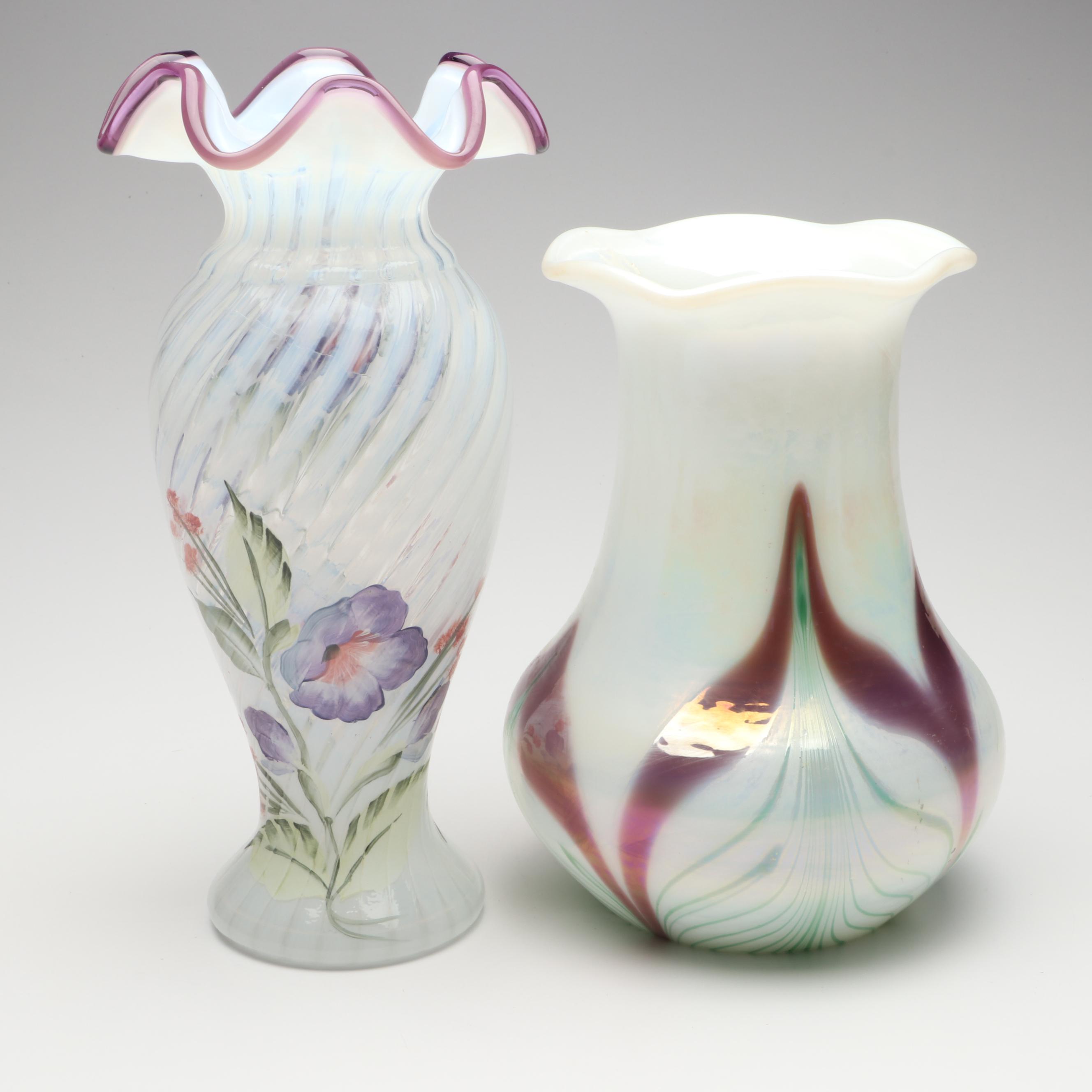 Fenton Hand-Painted and Pulled Feather Iridescent Ruffle Edge Vases