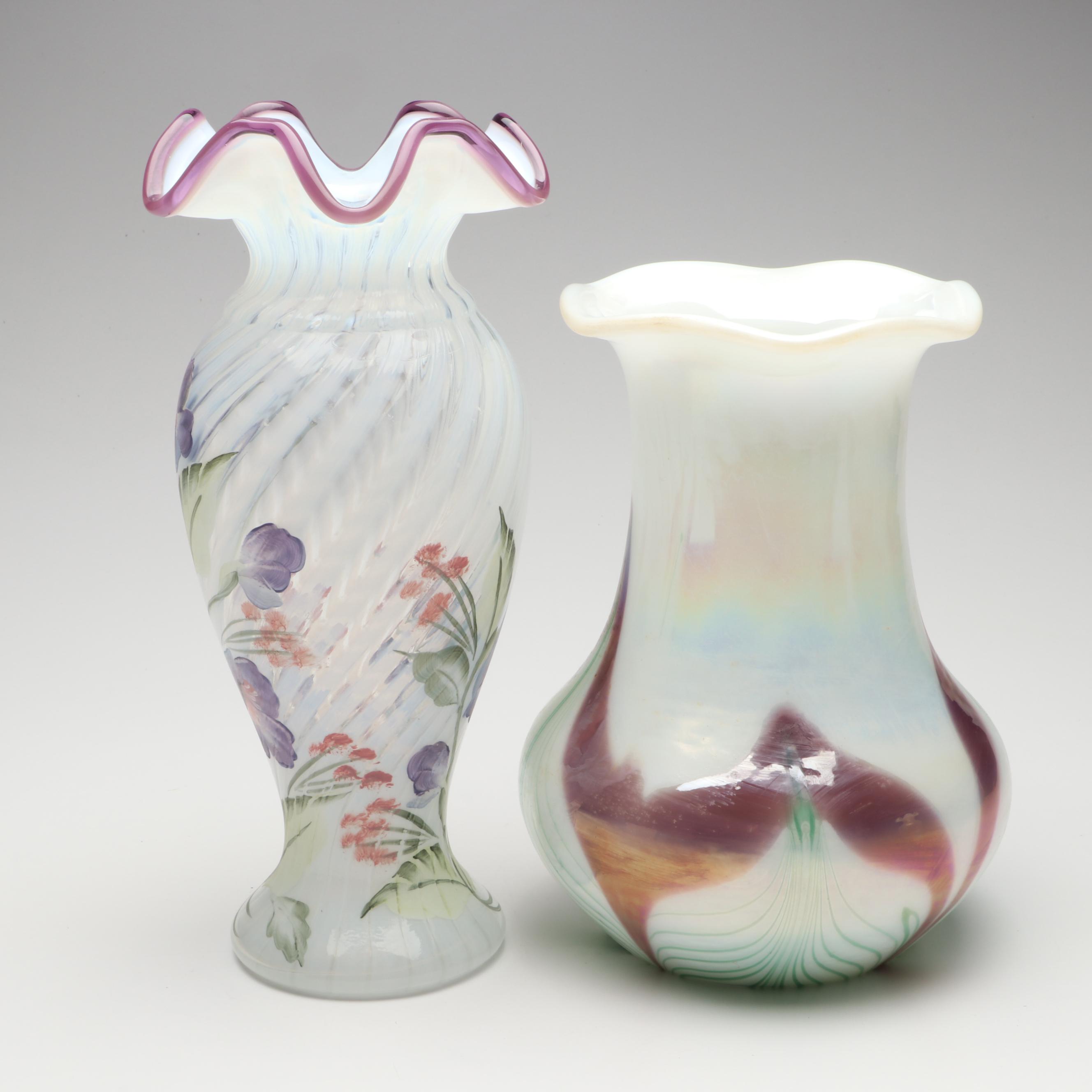 Fenton Hand-Painted and Pulled Feather Iridescent Ruffle Edge Vases