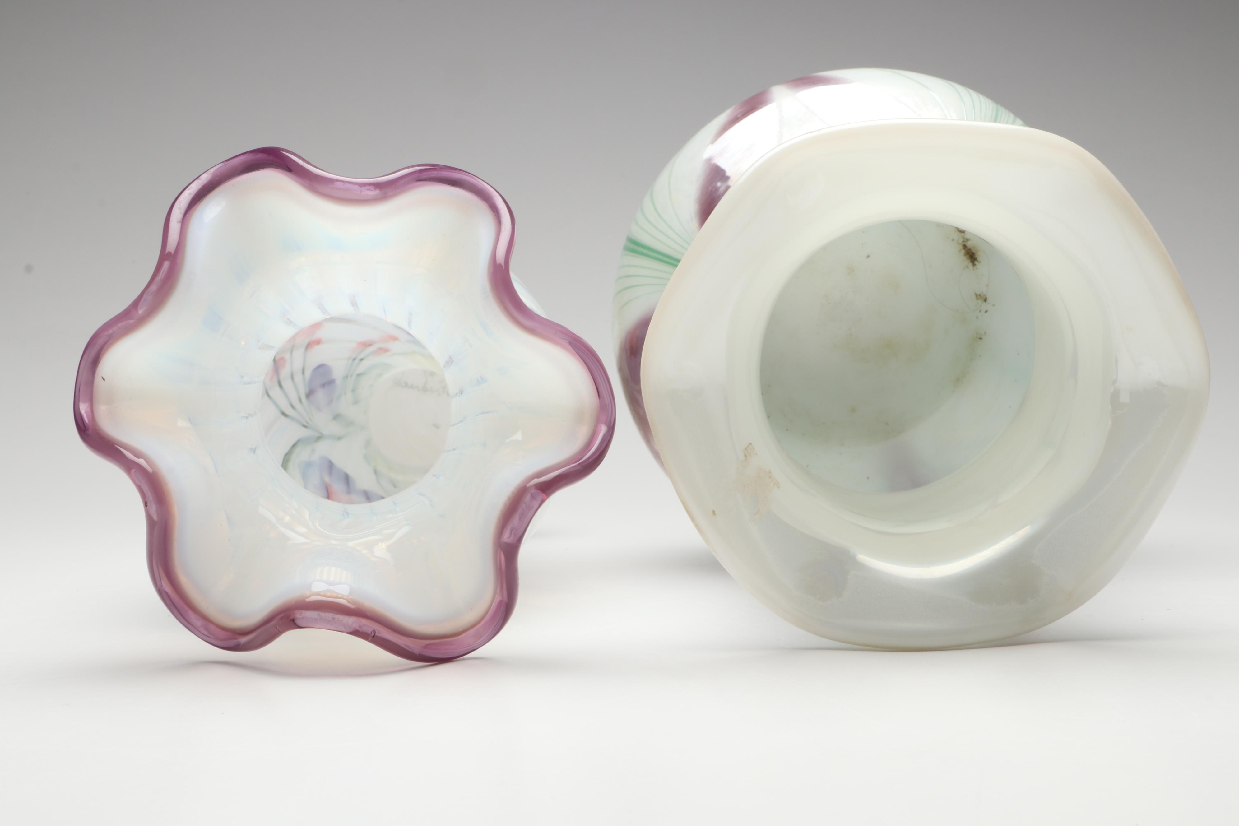 Fenton Hand-Painted and Pulled Feather Iridescent Ruffle Edge Vases