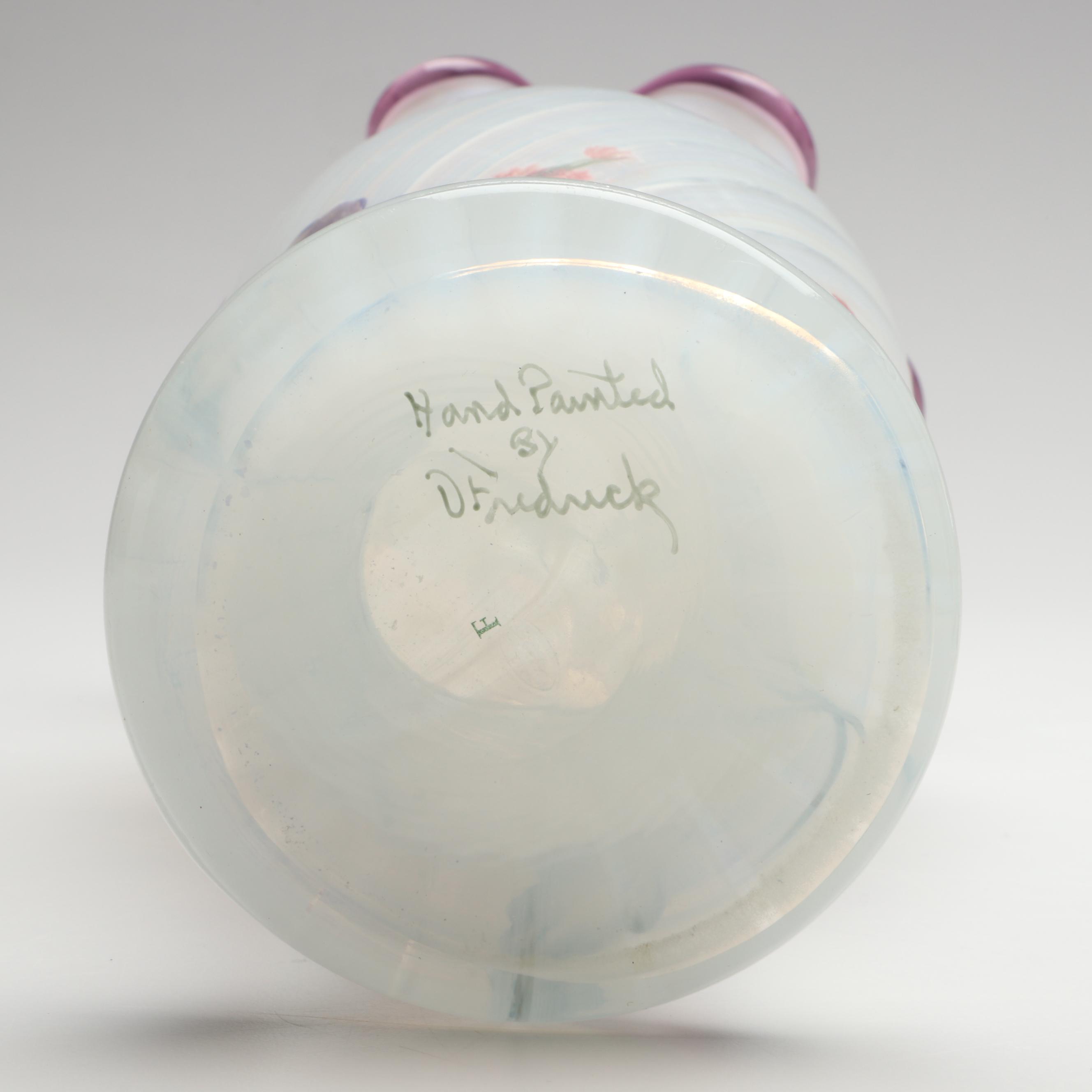 Fenton Hand-Painted and Pulled Feather Iridescent Ruffle Edge Vases