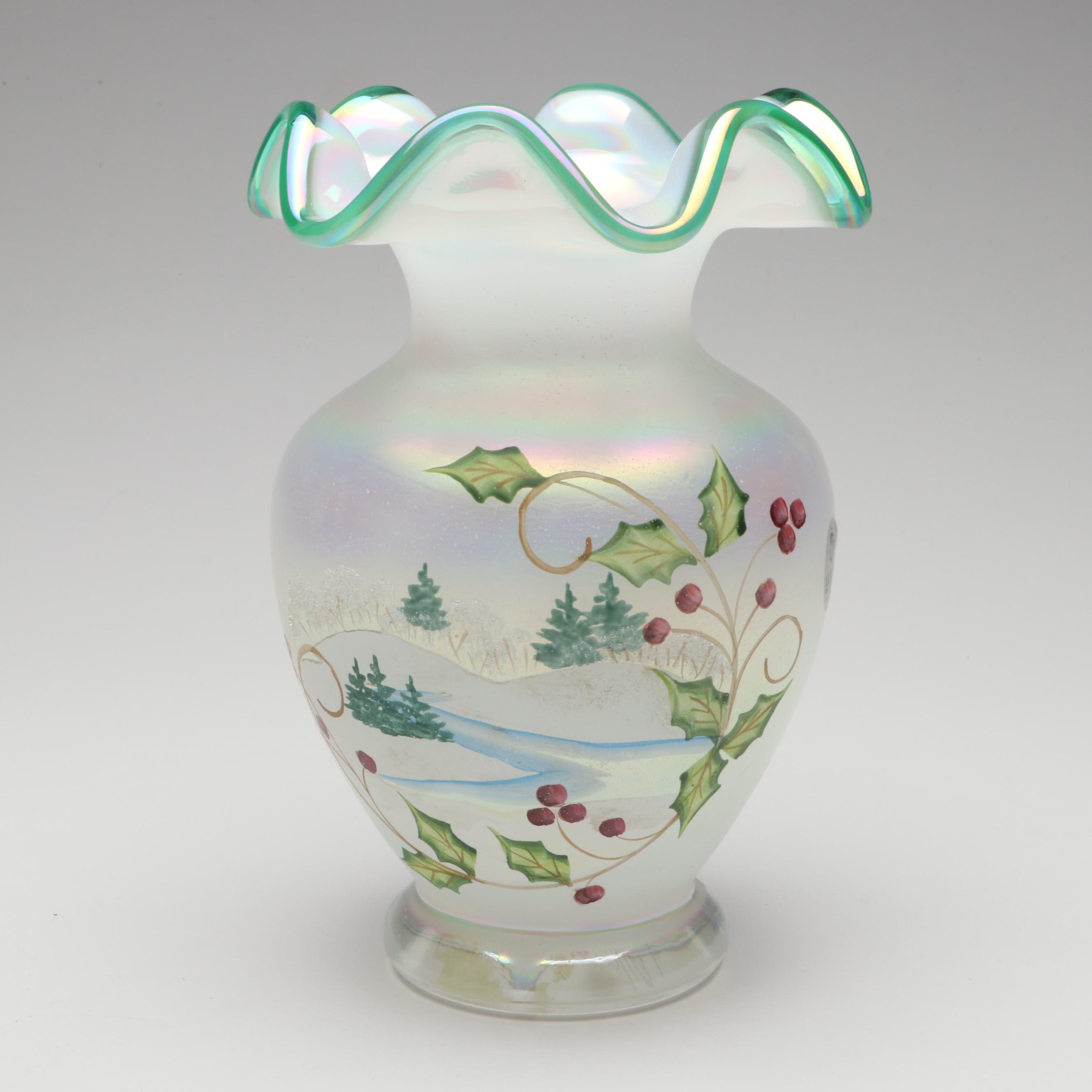 Fenton Hand-Painted and Pulled Feather Iridescent Ruffle Edge Vases