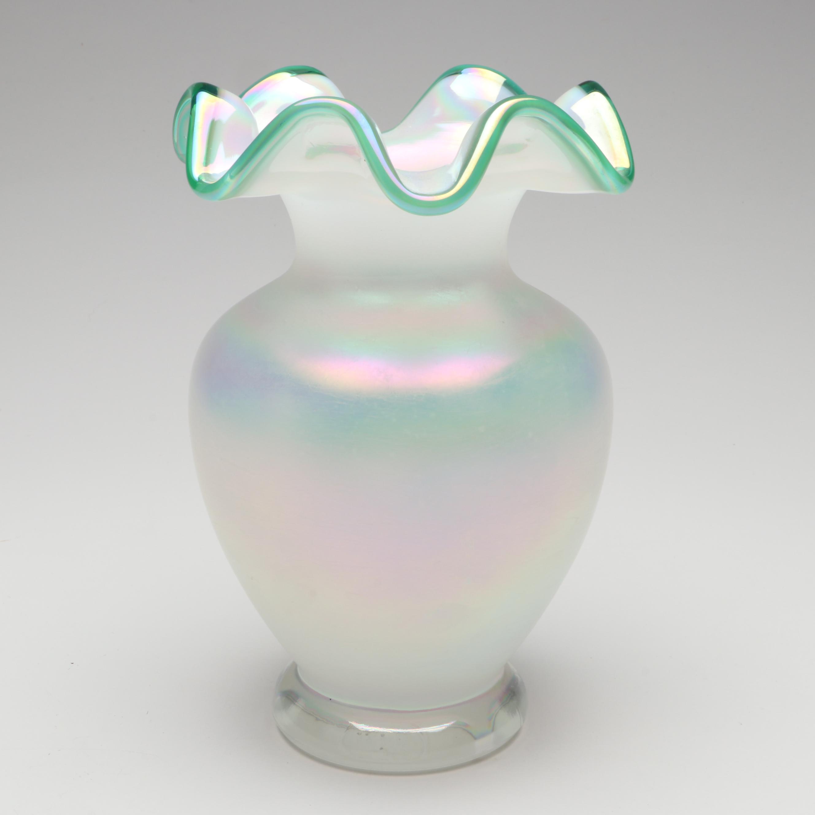 Fenton Hand-Painted and Pulled Feather Iridescent Ruffle Edge Vases