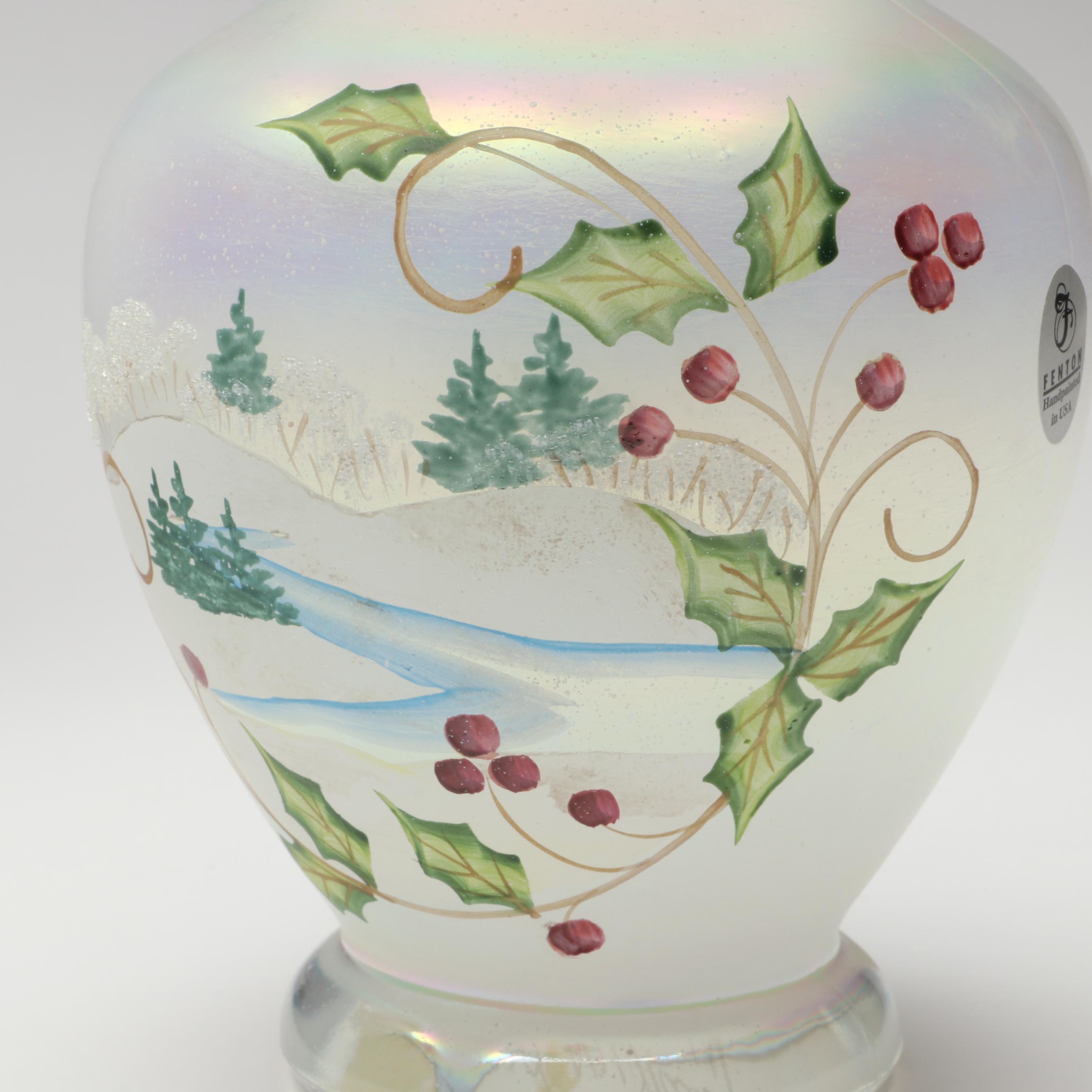 Fenton Hand-Painted and Pulled Feather Iridescent Ruffle Edge Vases