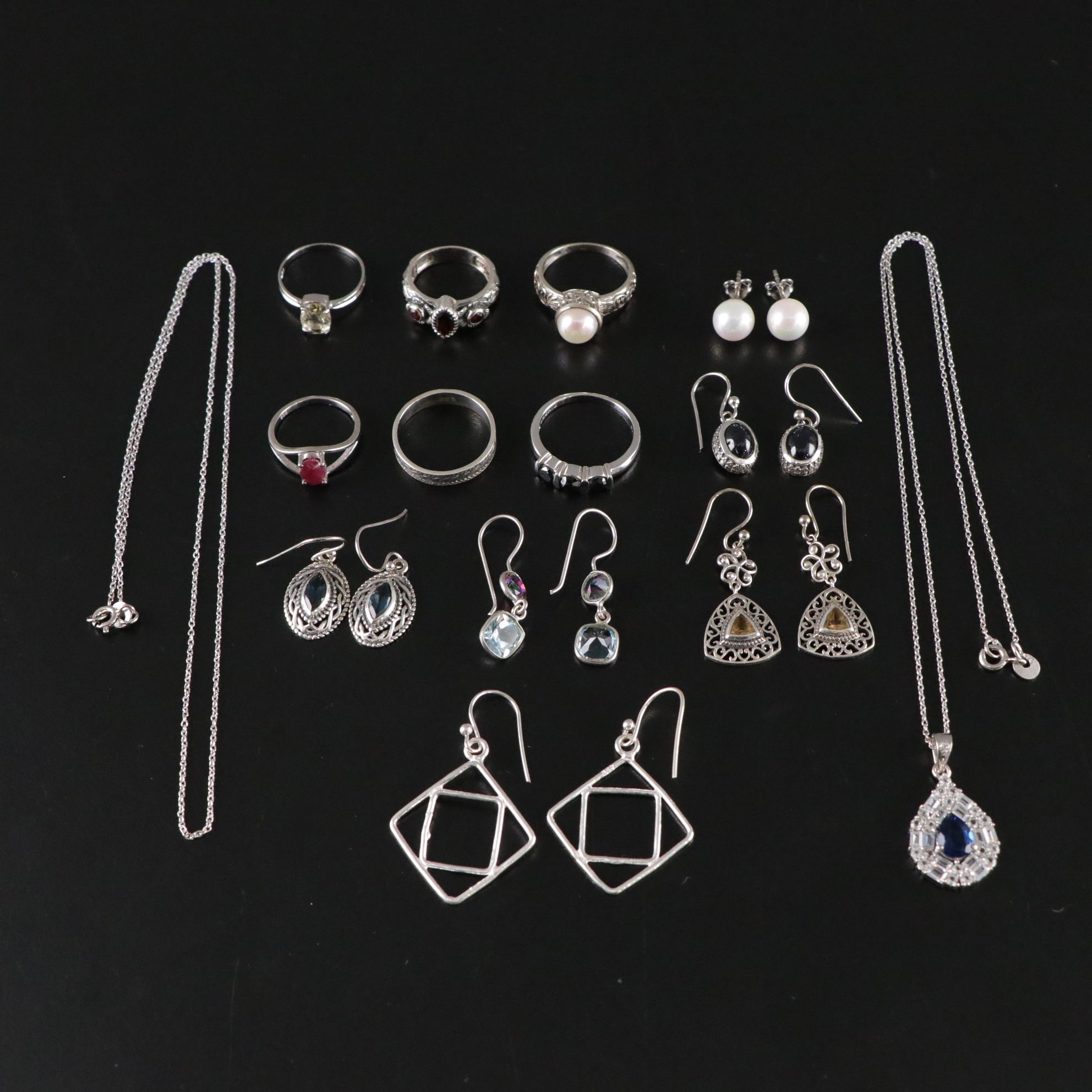 14 Assorted Sterling Silver Rings, Necklaces and Earrings