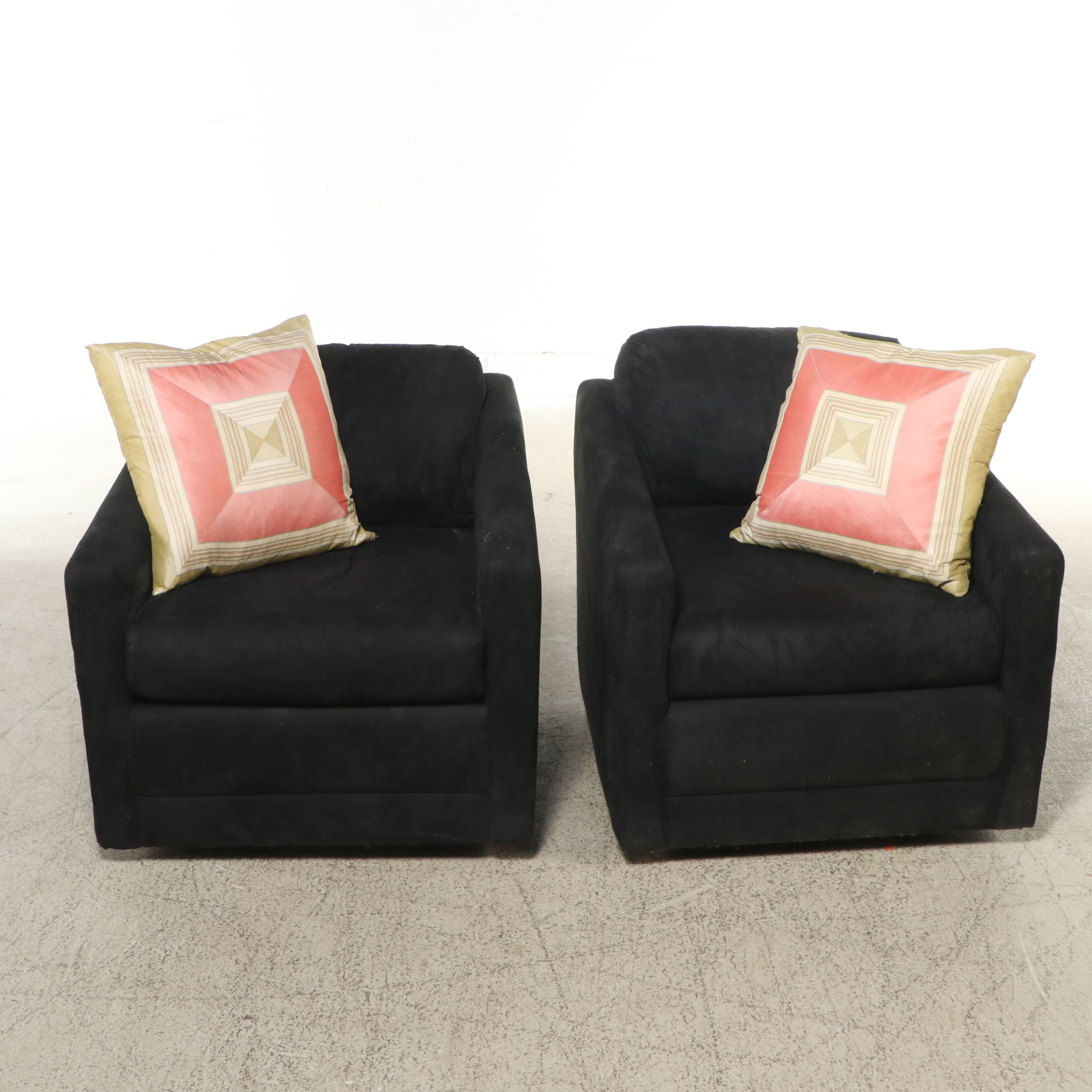 Pair of Modern Black Upholstered Swivel Armchairs