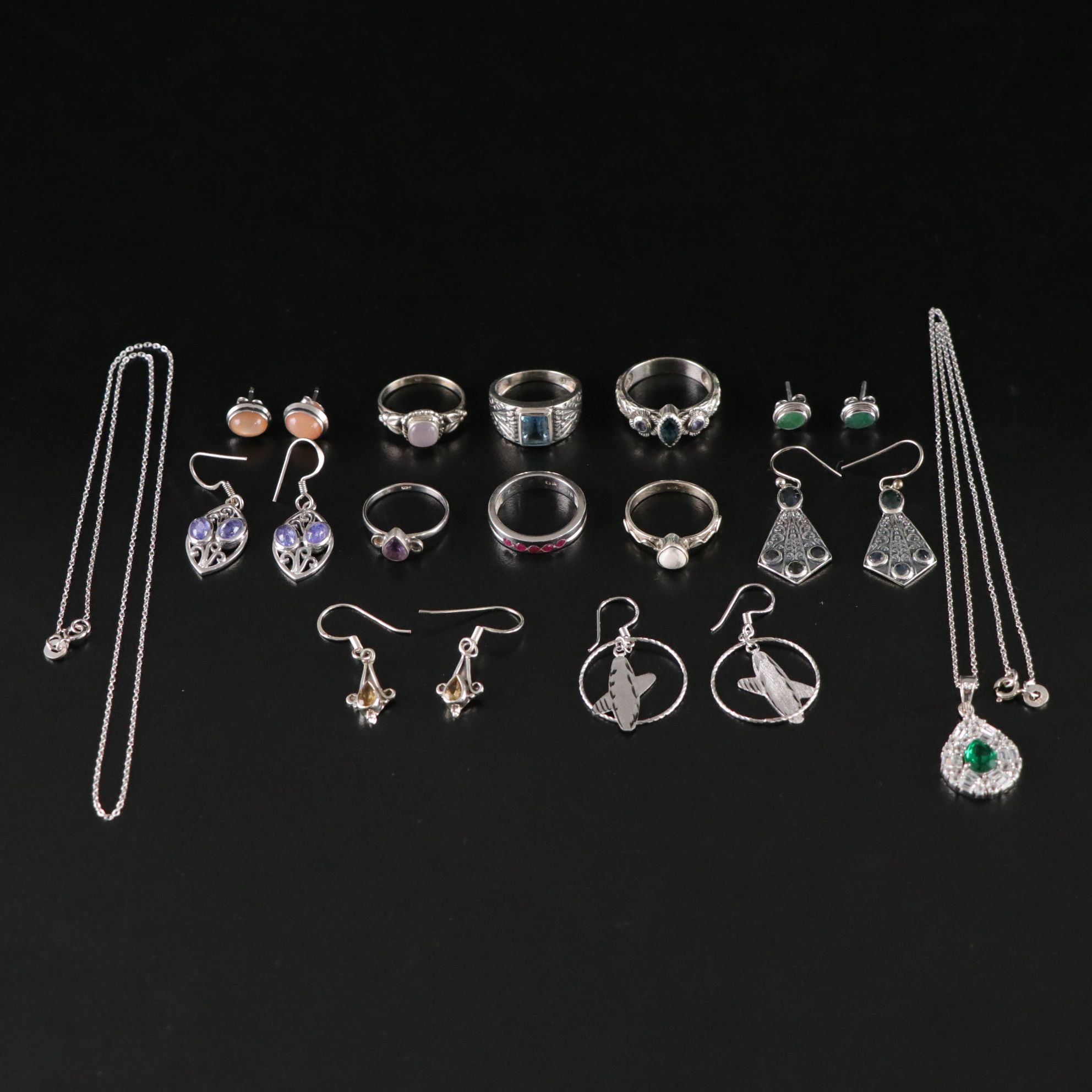 14 Assorted Sterling Silver Rings, Necklaces and Earrings