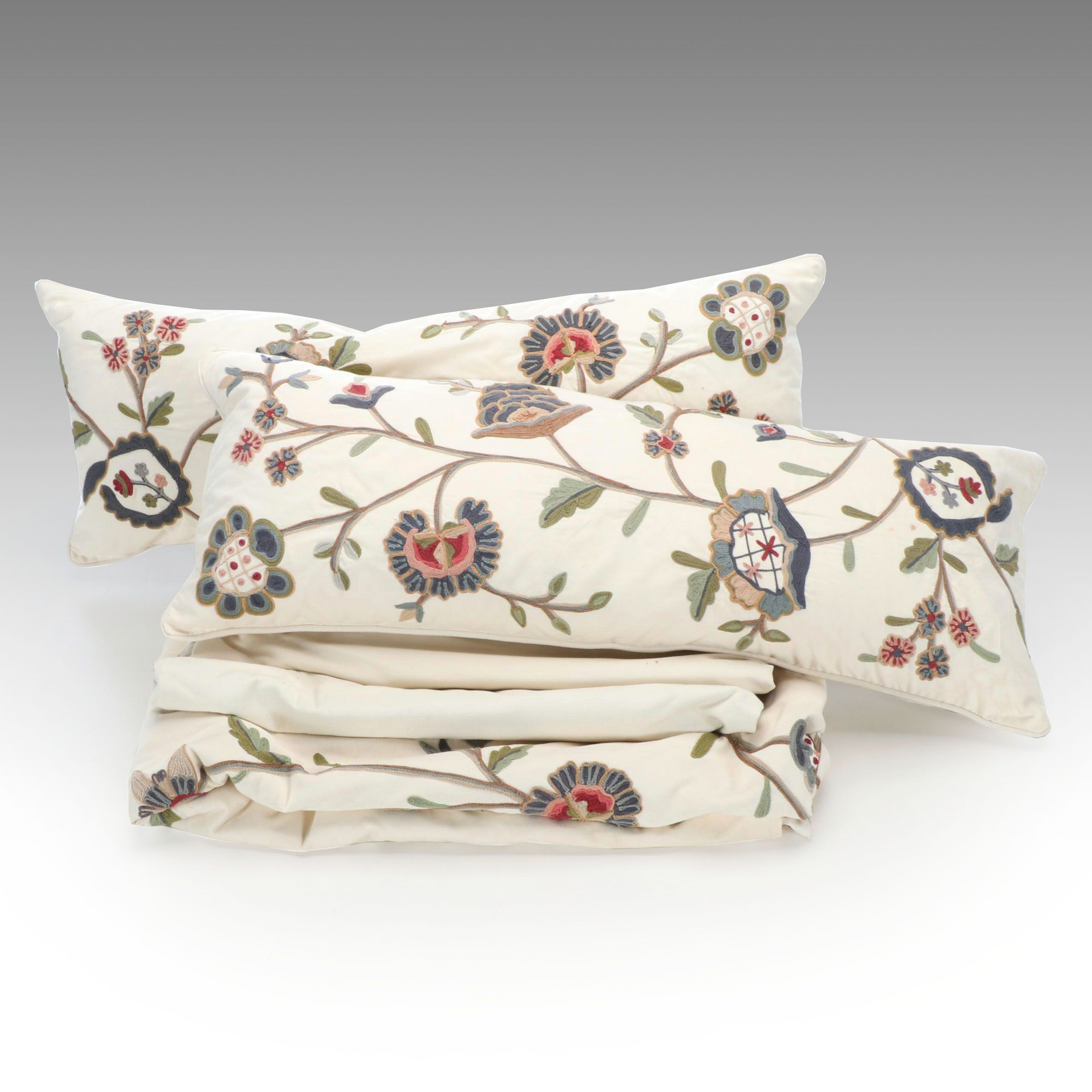 Pottery Barn Chain-Stitch Crewel Cotton Duvet, Throw Pillows and Curtains