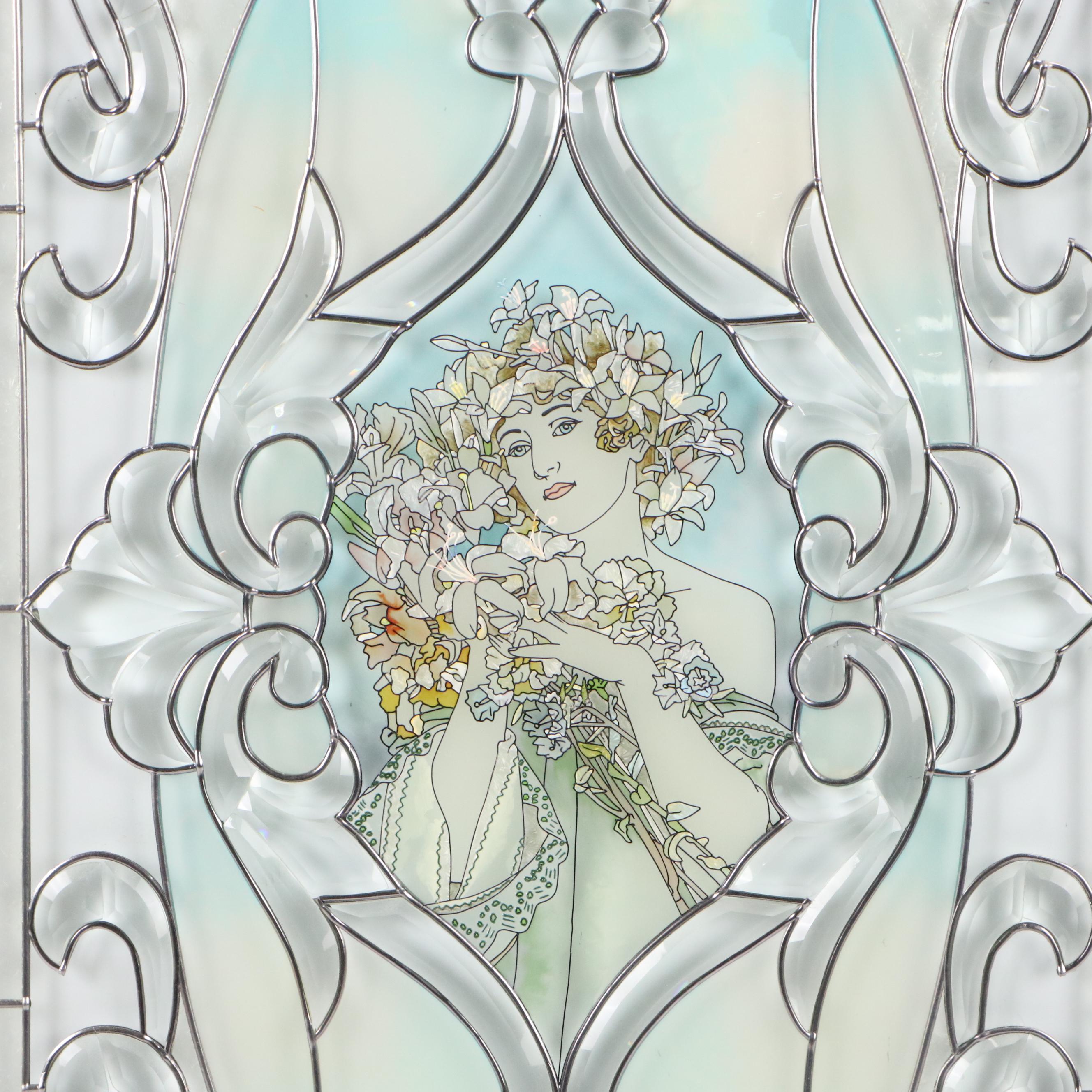 Art Nouveau Style Stained Glass Panel of Figure Holding Flower Arrangement
