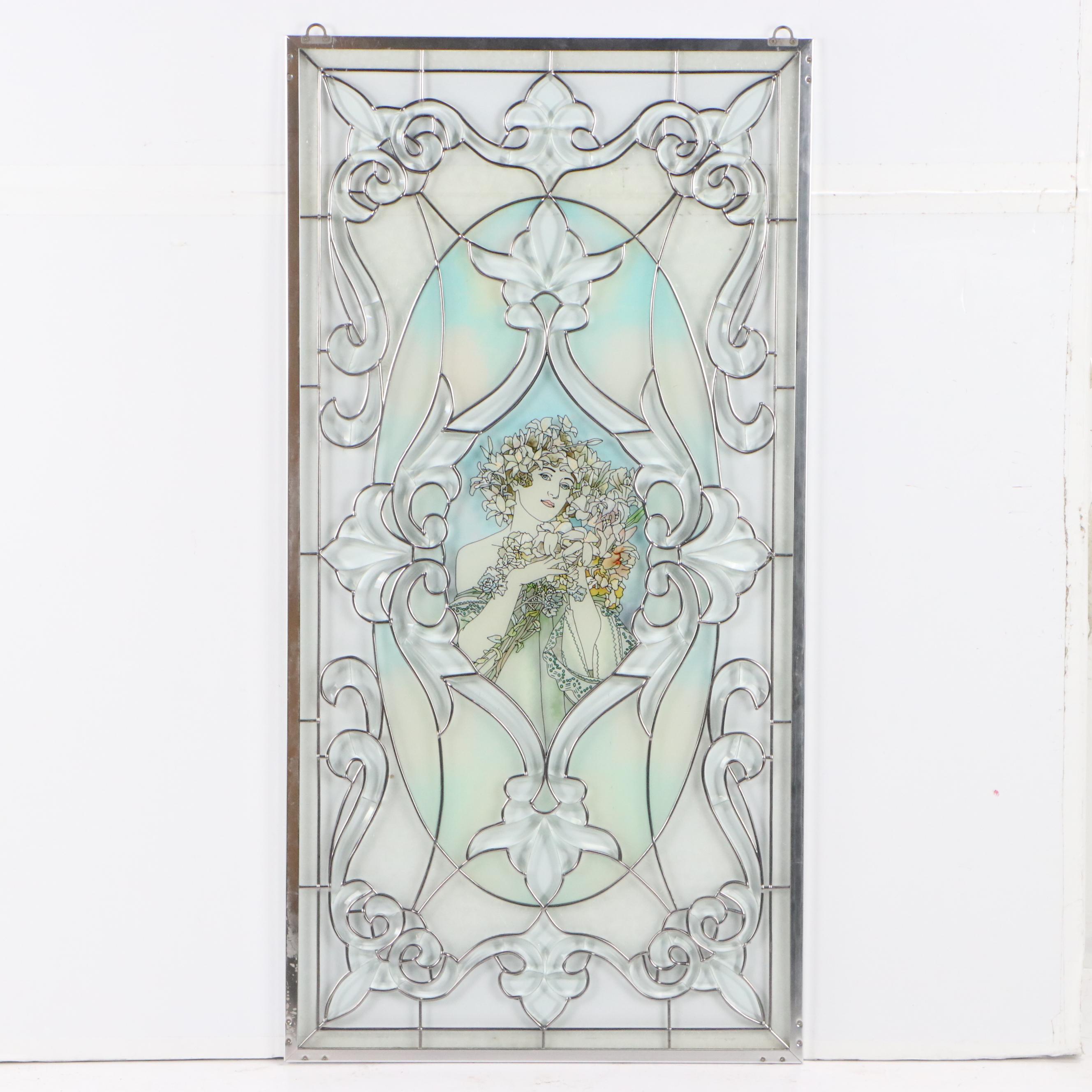 Art Nouveau Style Stained Glass Panel of Figure Holding Flower Arrangement