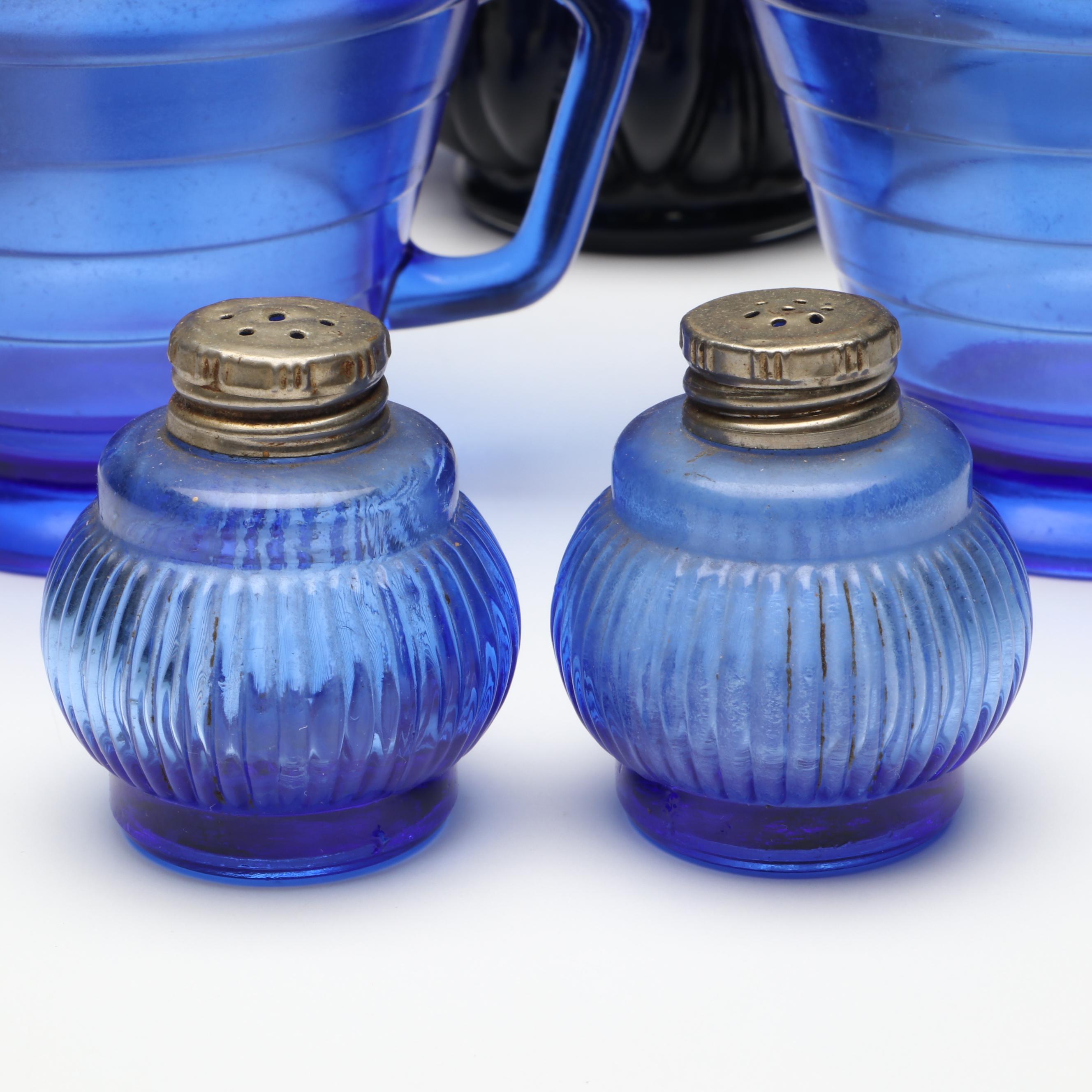 Hazel Atlas Cobalt Measuring Cup with Gibson Cruet and Other Table Accessories