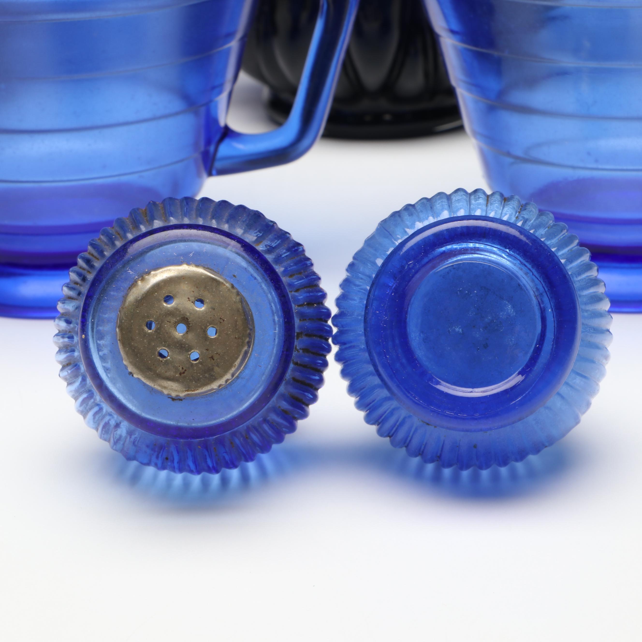 Hazel Atlas Cobalt Measuring Cup with Gibson Cruet and Other Table Accessories