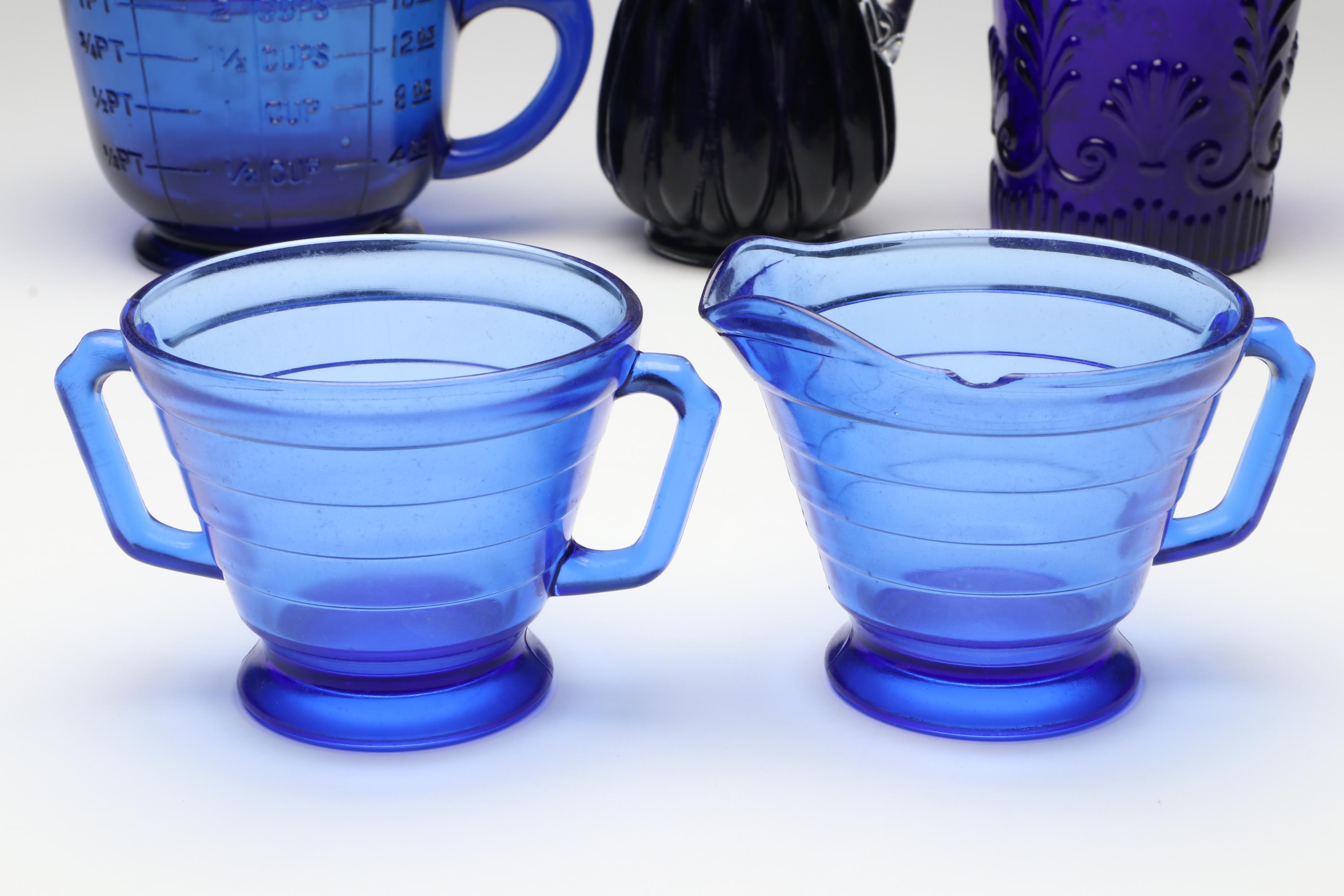 Hazel Atlas Cobalt Measuring Cup with Gibson Cruet and Other Table Accessories