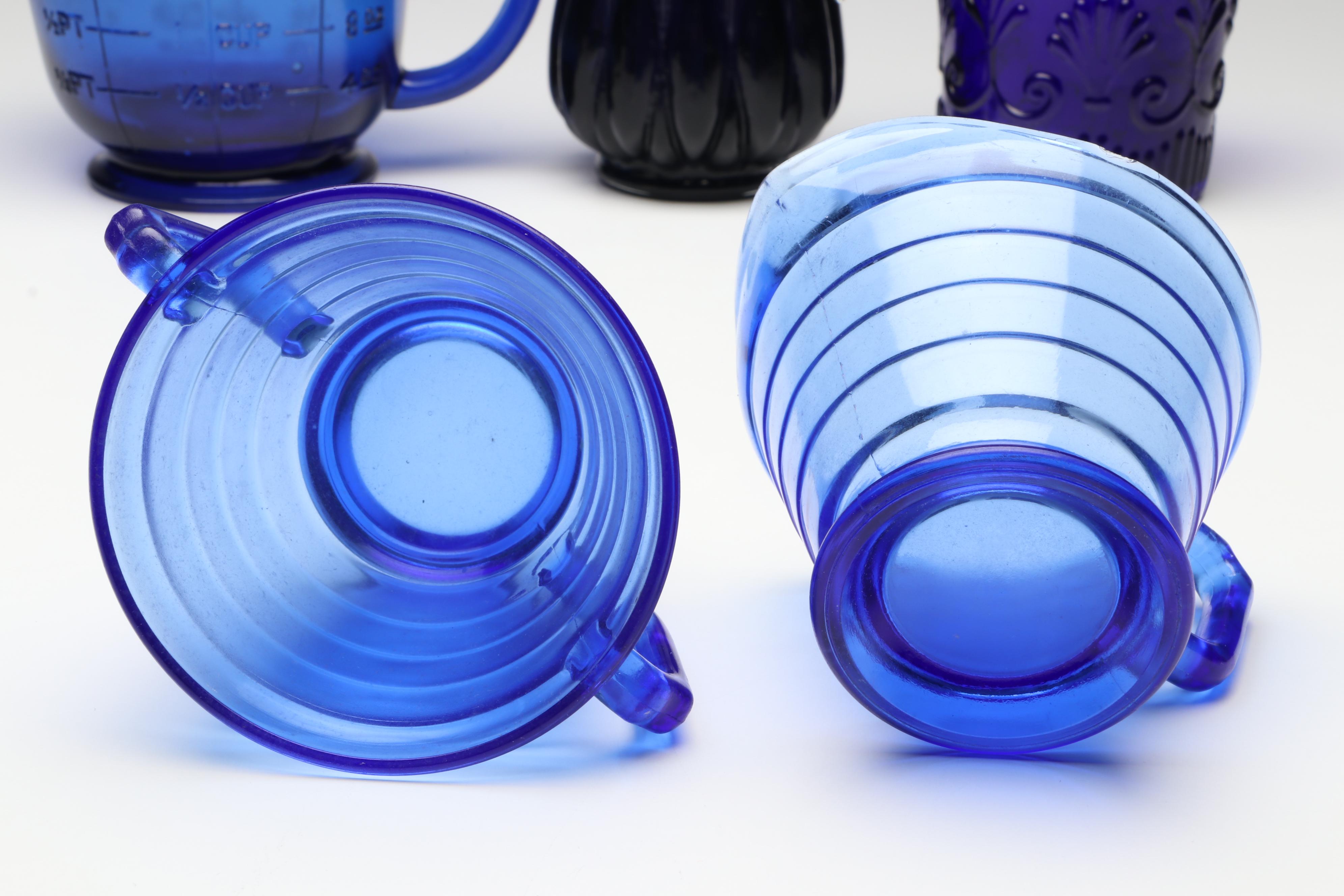 Hazel Atlas Cobalt Measuring Cup with Gibson Cruet and Other Table Accessories