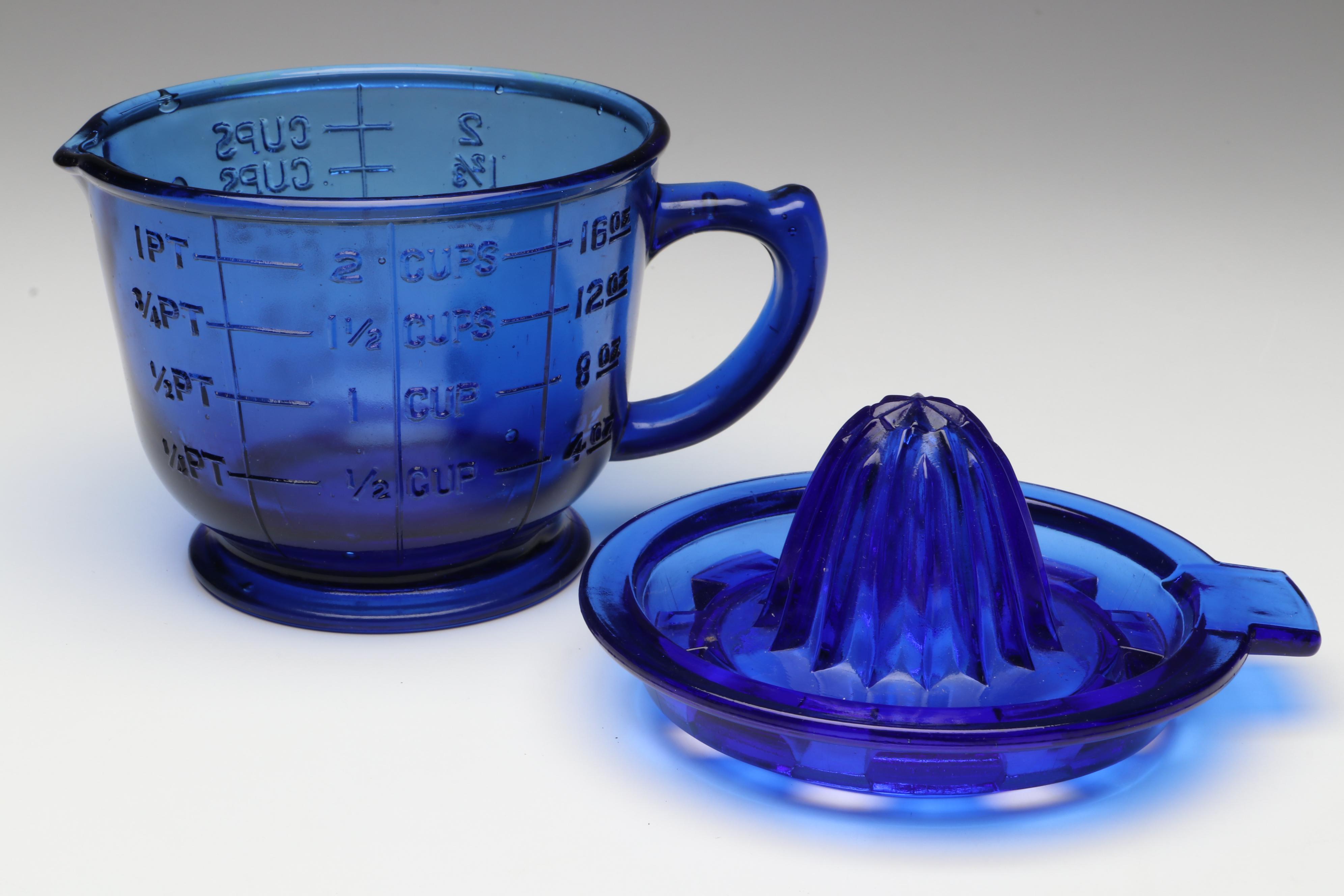 Hazel Atlas Cobalt Measuring Cup with Gibson Cruet and Other Table Accessories