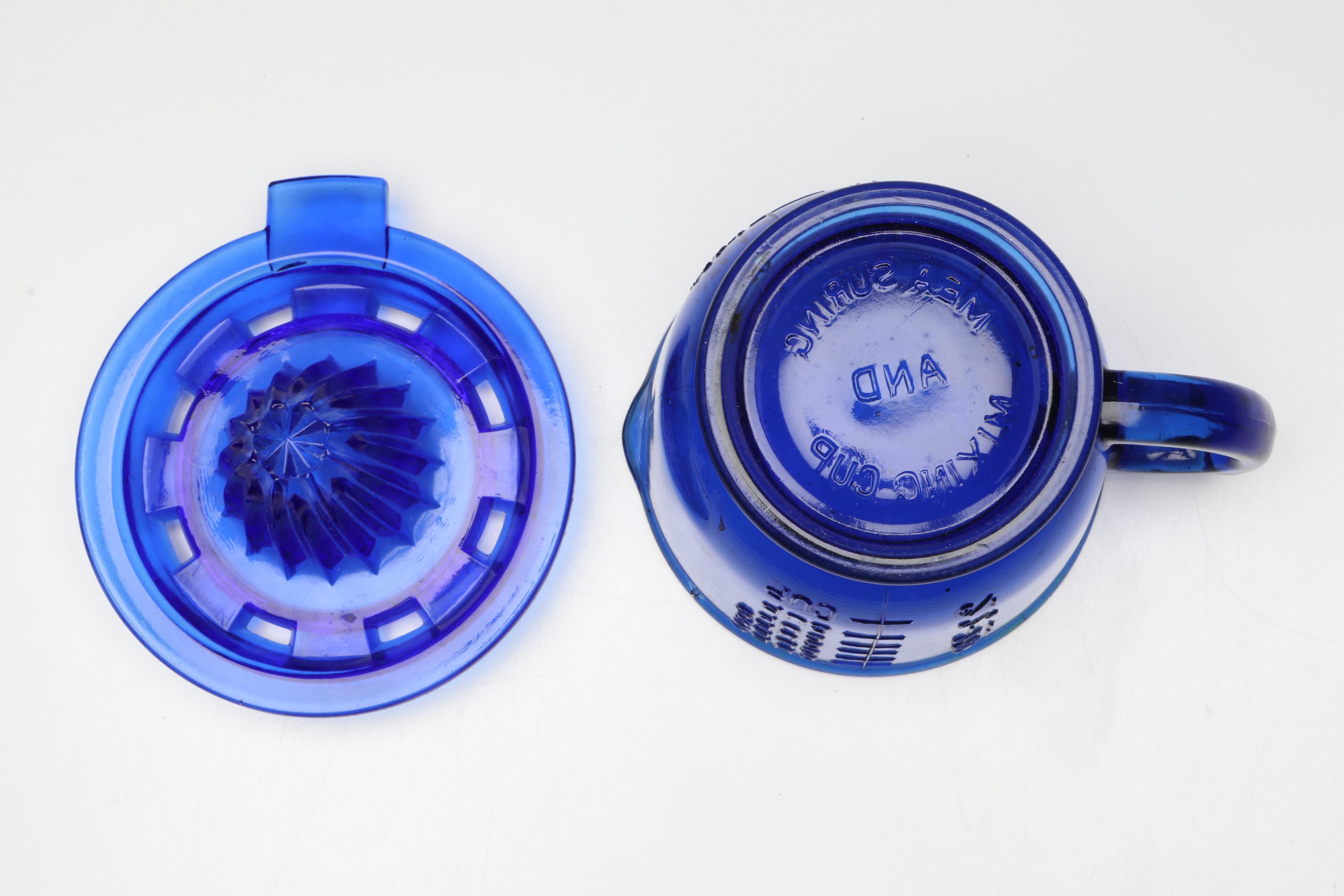 Hazel Atlas Cobalt Measuring Cup with Gibson Cruet and Other Table Accessories