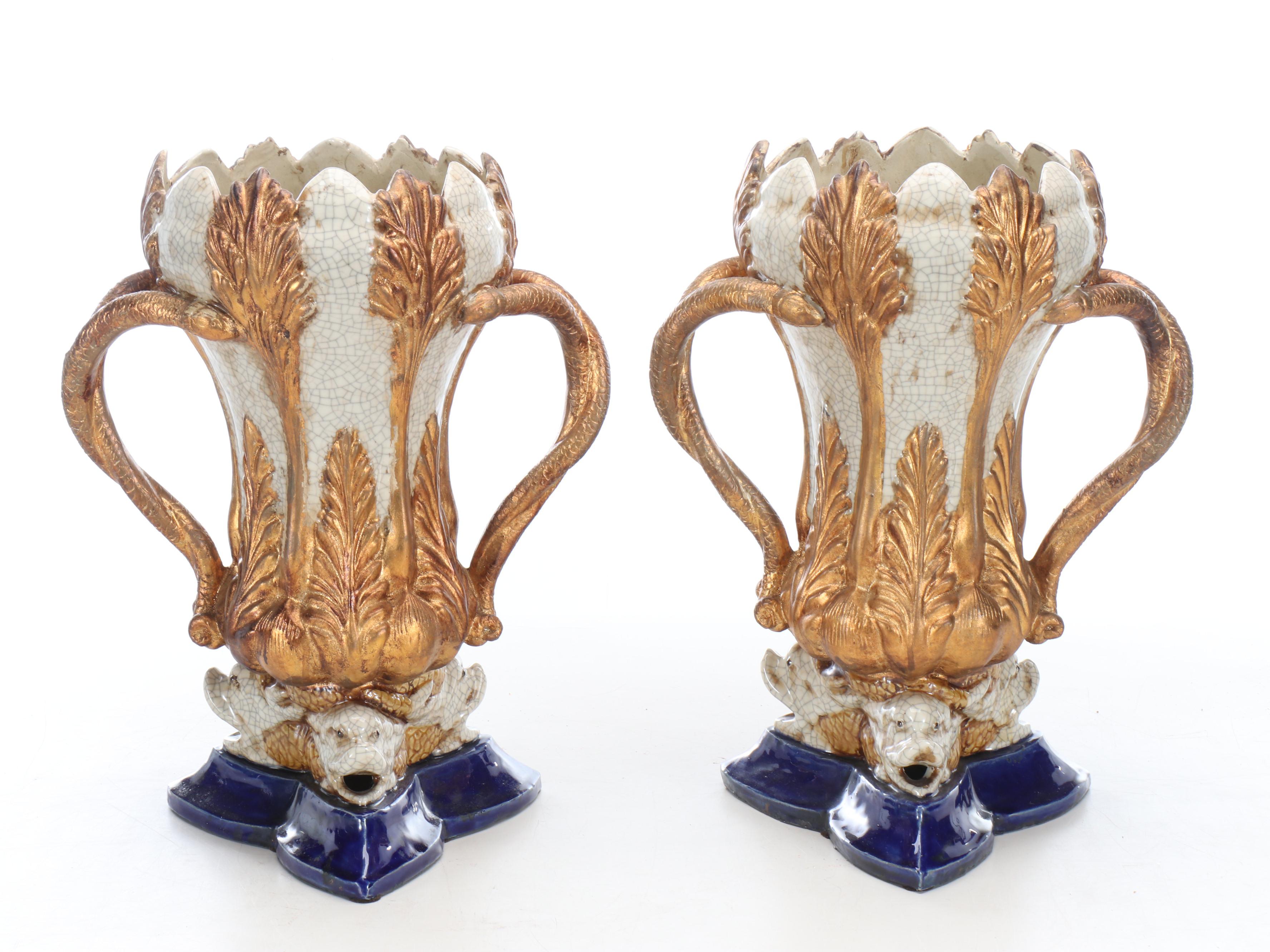 Rococo Style Porcelain Handled Vase Pair