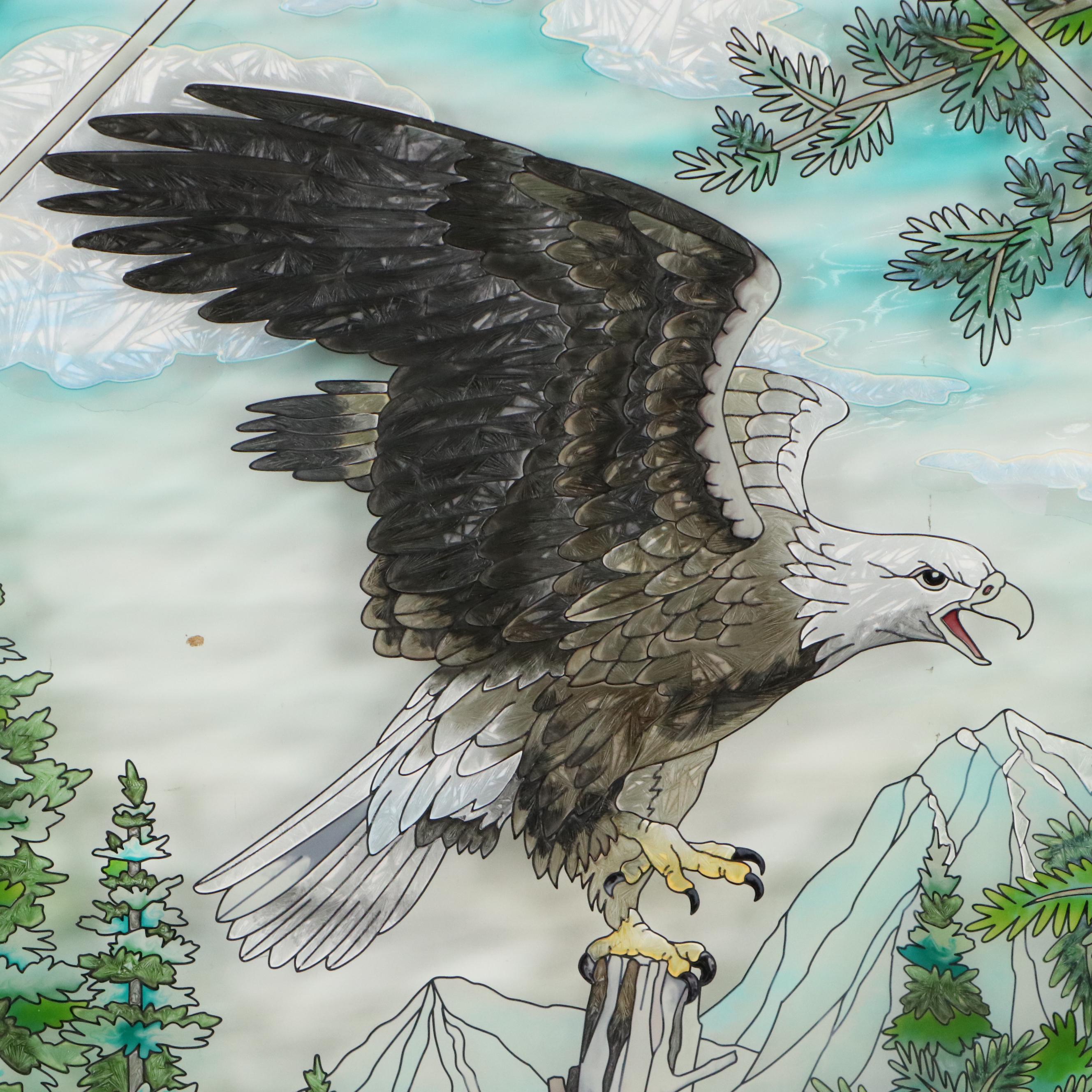 Hanging Stained Glass Panel of Bald Eagle on Perch