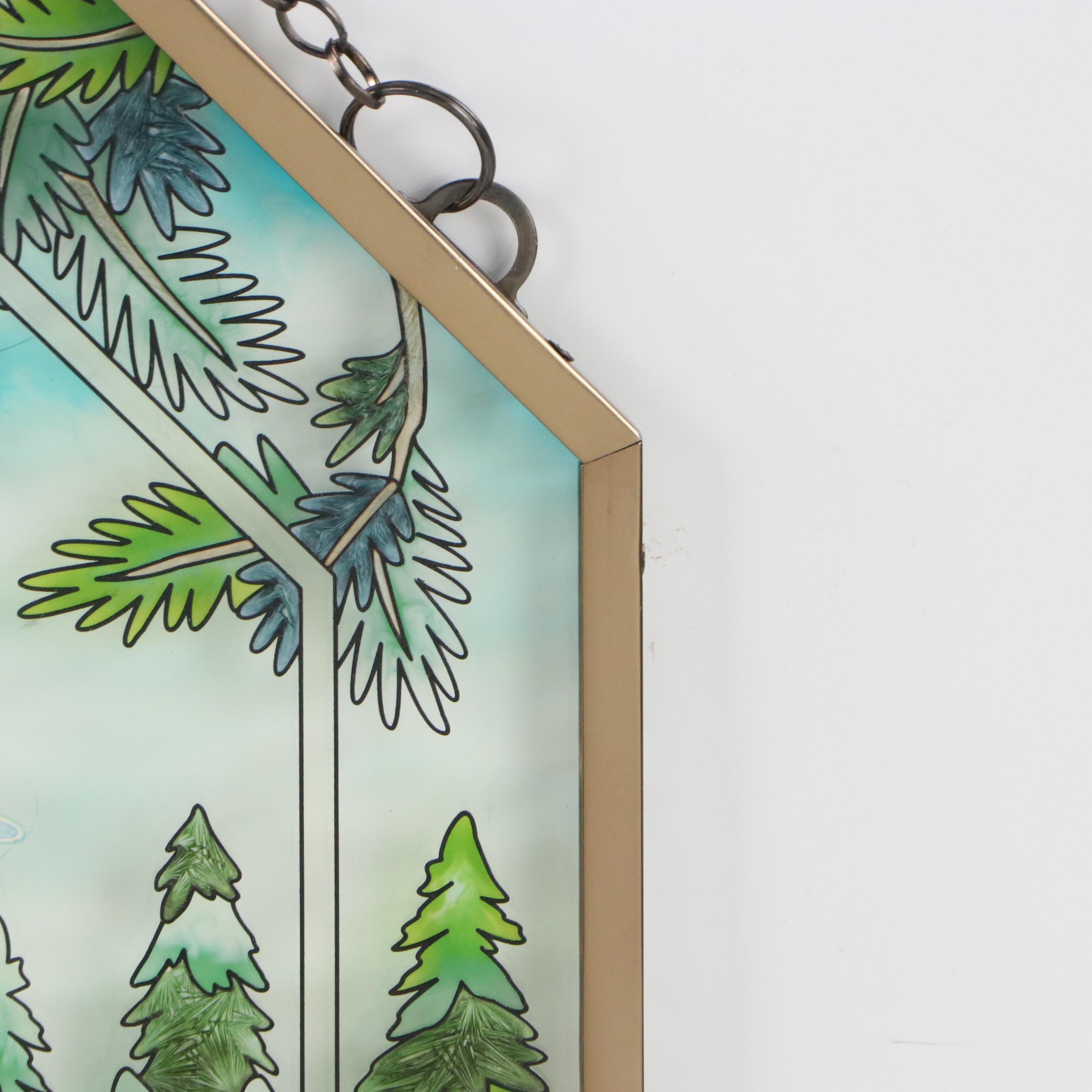 Hanging Stained Glass Panel of Bald Eagle on Perch