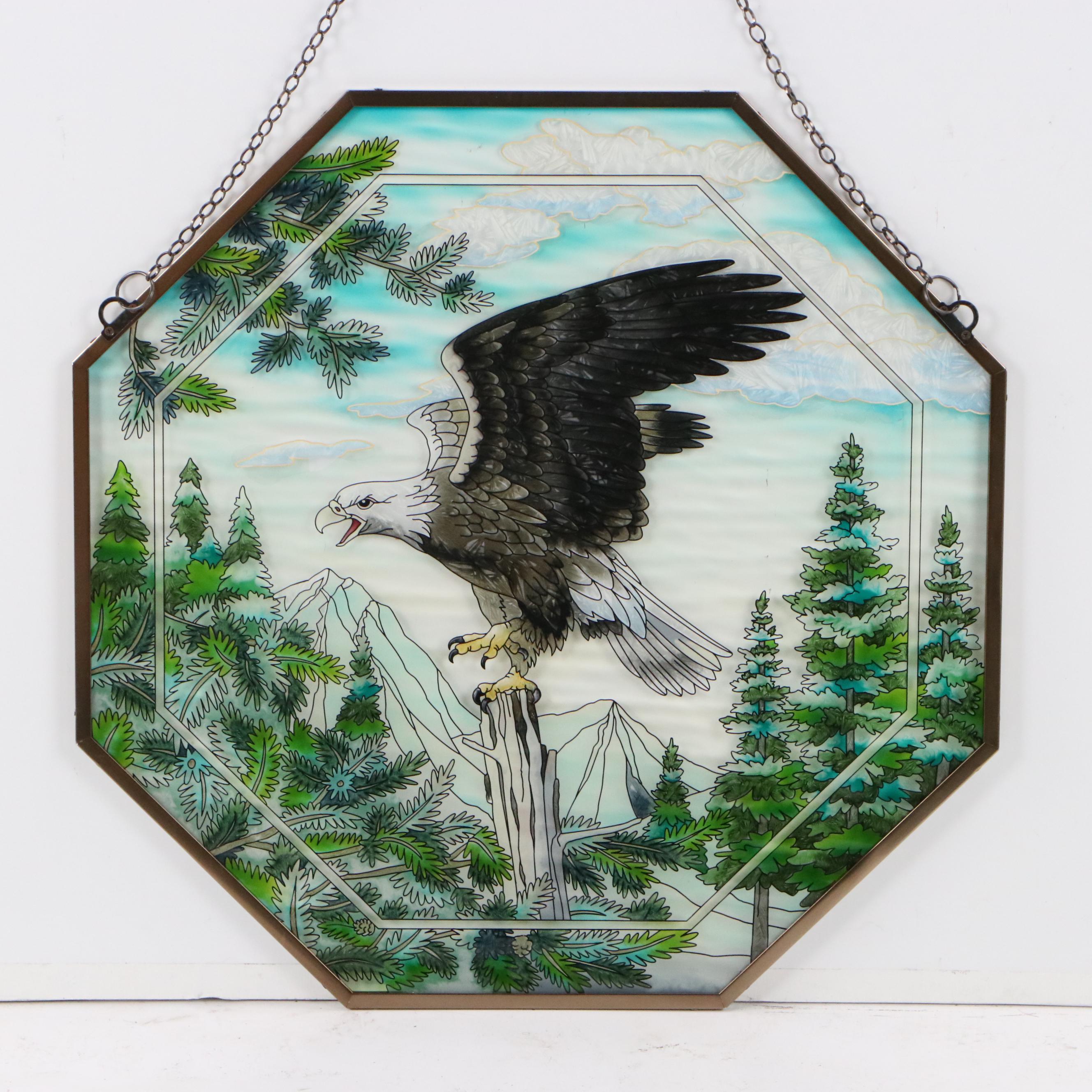 Hanging Stained Glass Panel of Bald Eagle on Perch