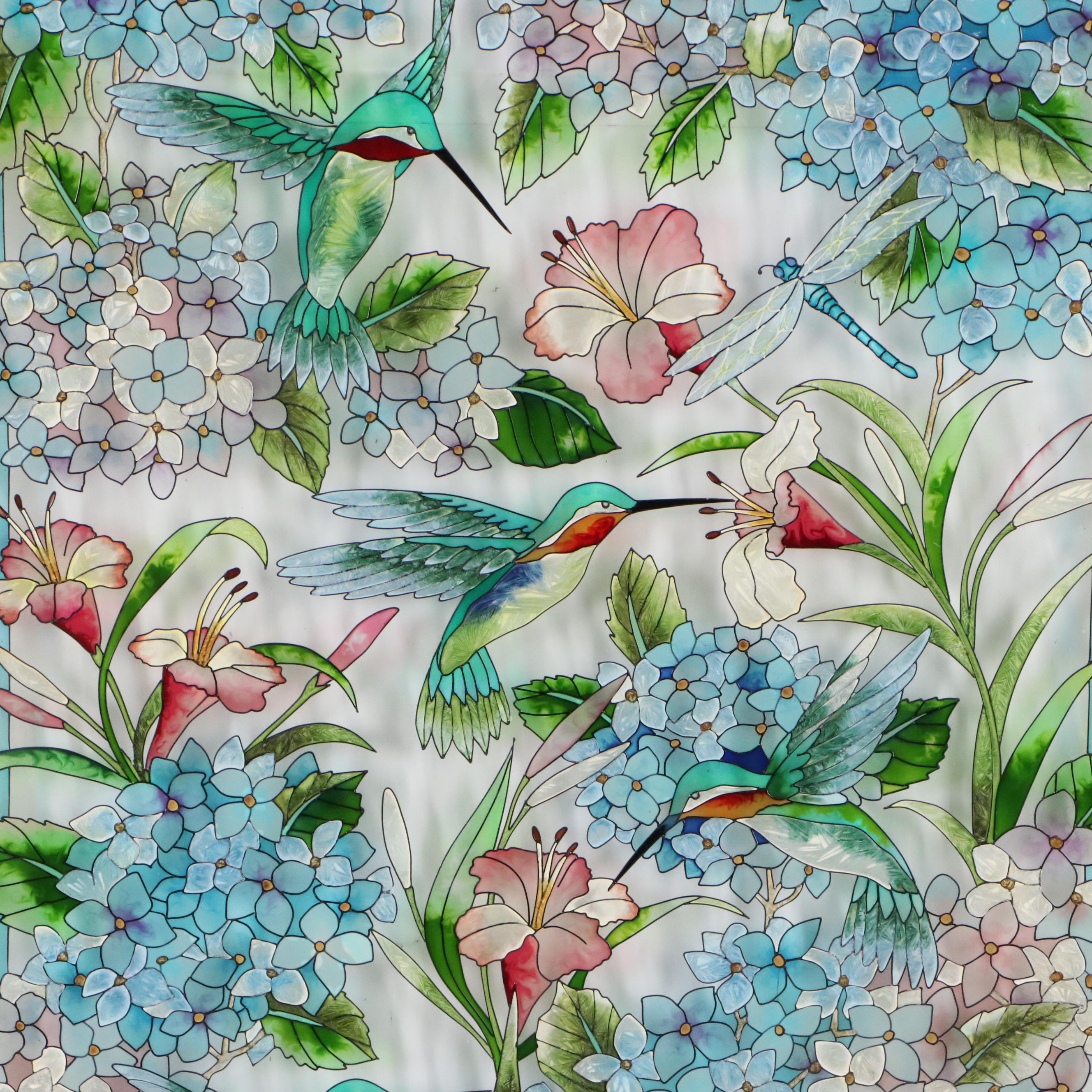 Stained Glass Panel of Hummingbirds and Flowers