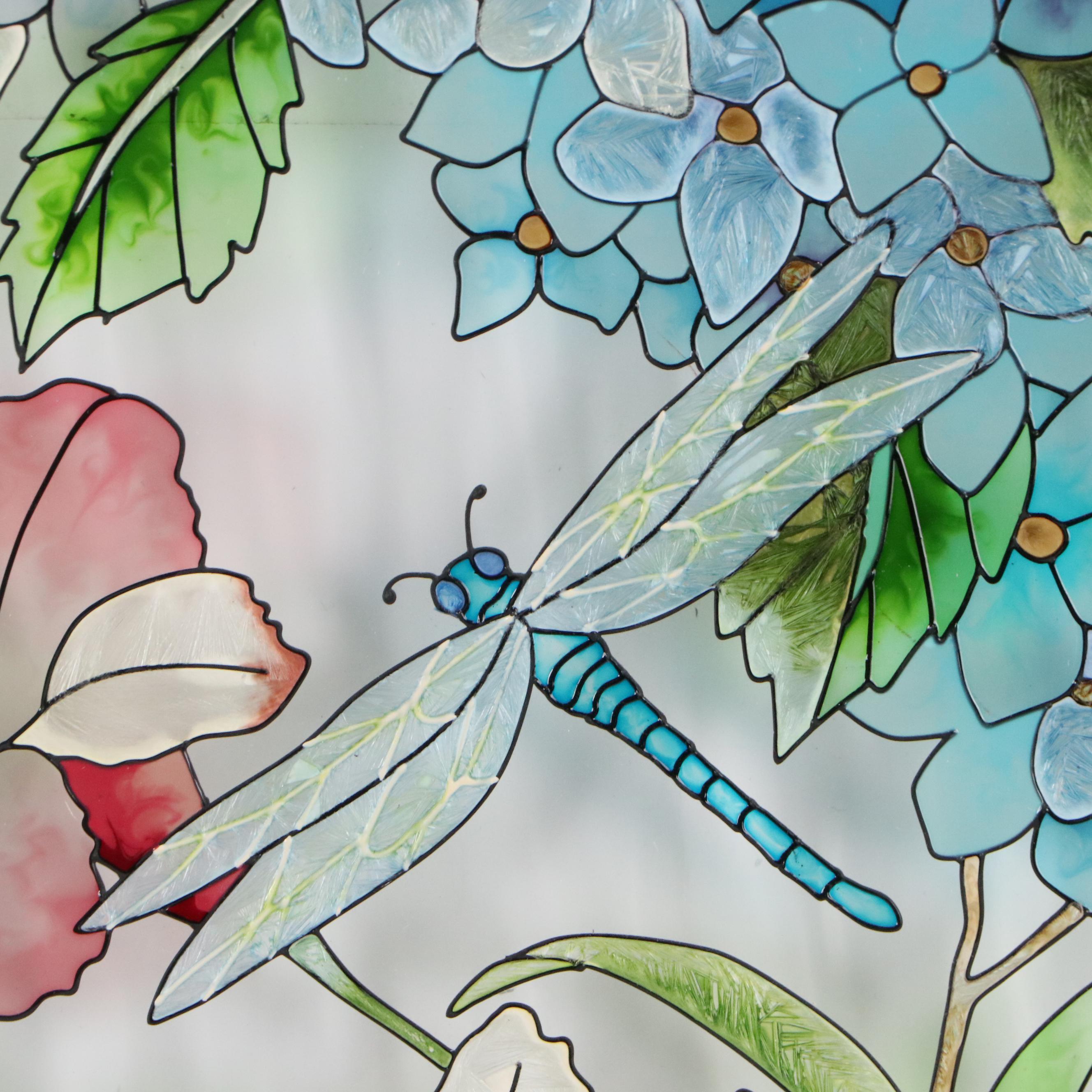 Stained Glass Panel of Hummingbirds and Flowers